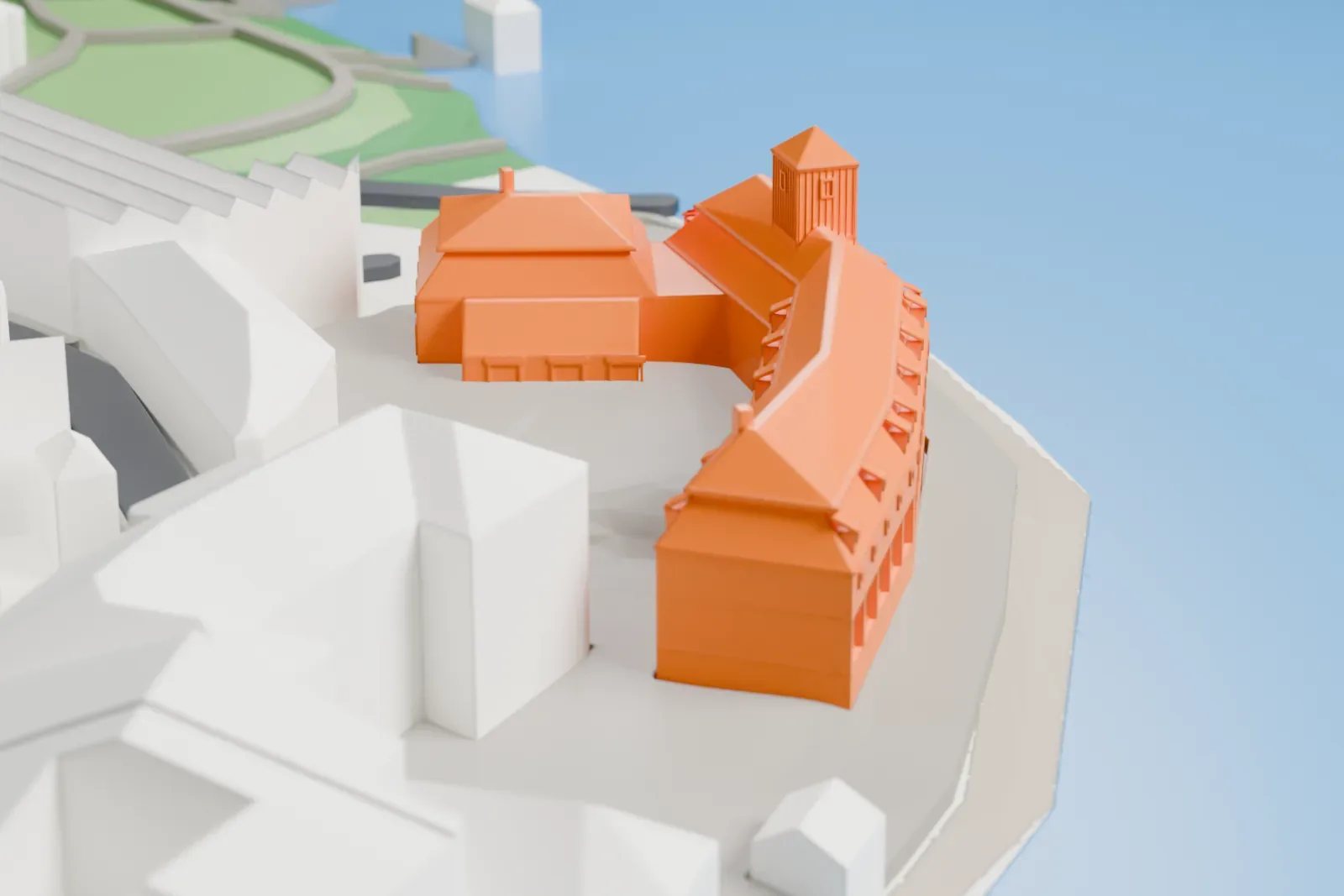 A white 3D print of the Franz Kafka Museum among the surrounding buildings of Malá Strana in Prague.