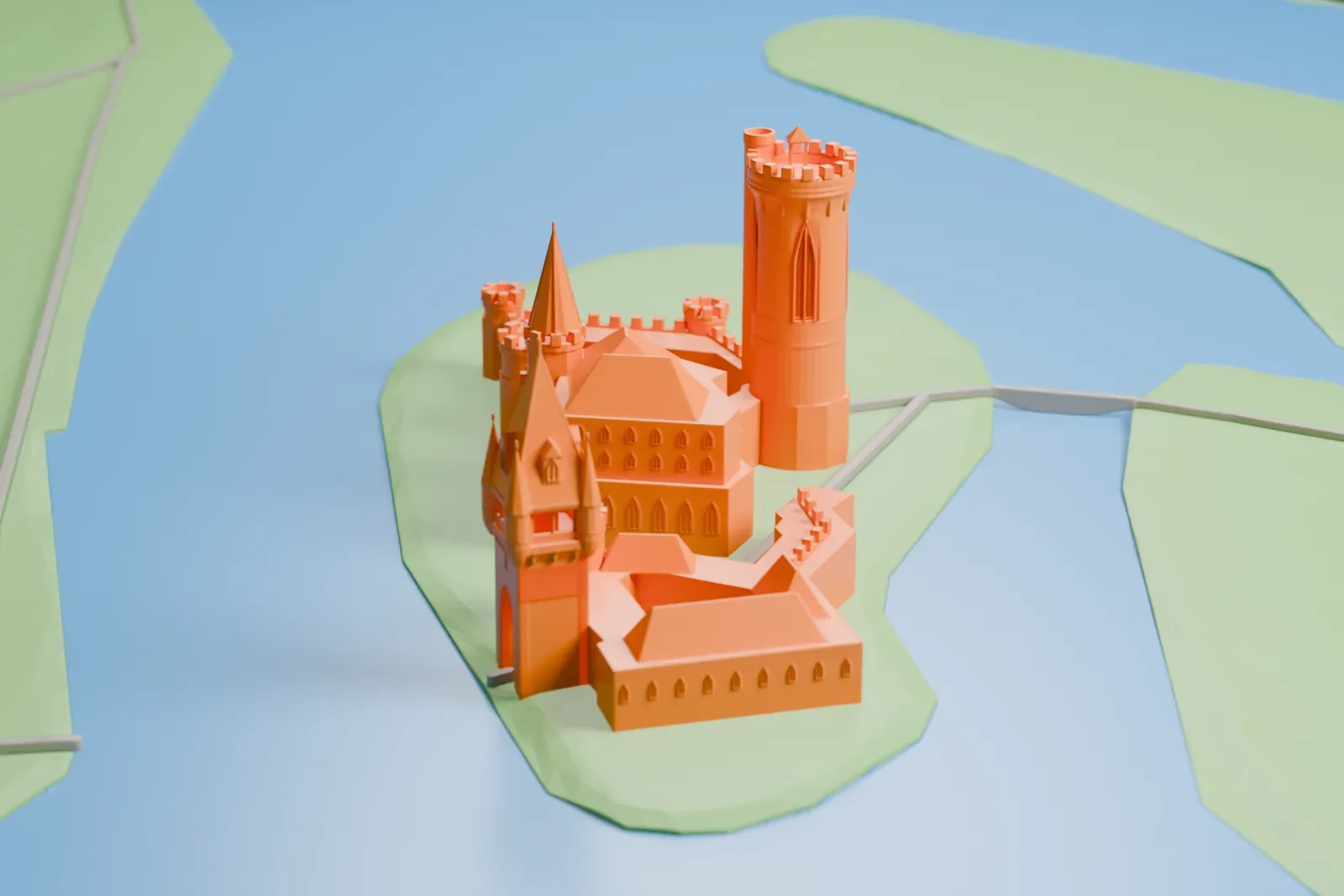 A white 3D print of Franzensburg, a Neo-gothic castle on an artificial island in the castle pond at Laxenburg, with the park around it.