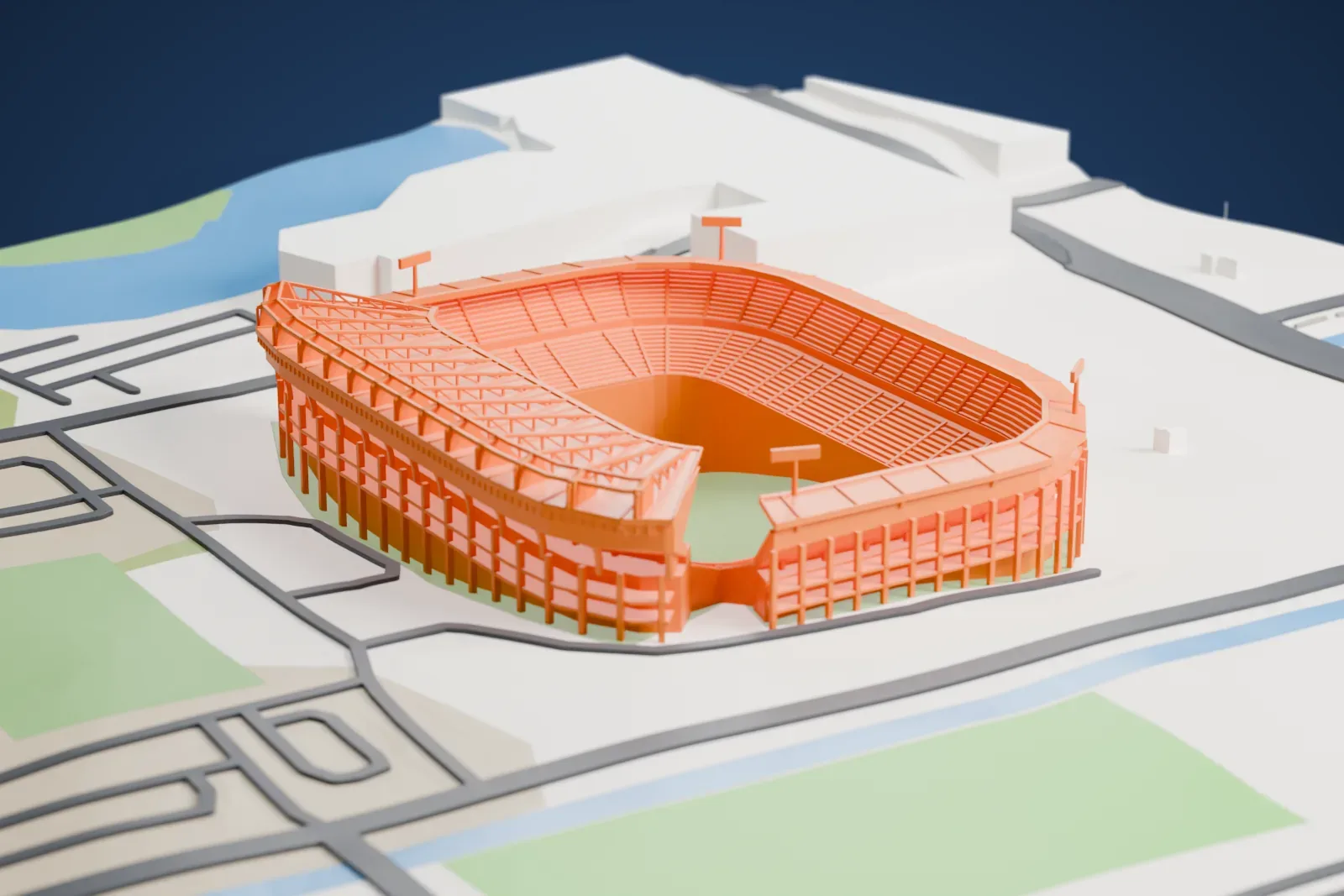 A white 3D print of the Free State Stadium, with a tall trussed main stand on one side and a lower two-tier bowl with a narrow canopy around the rest.