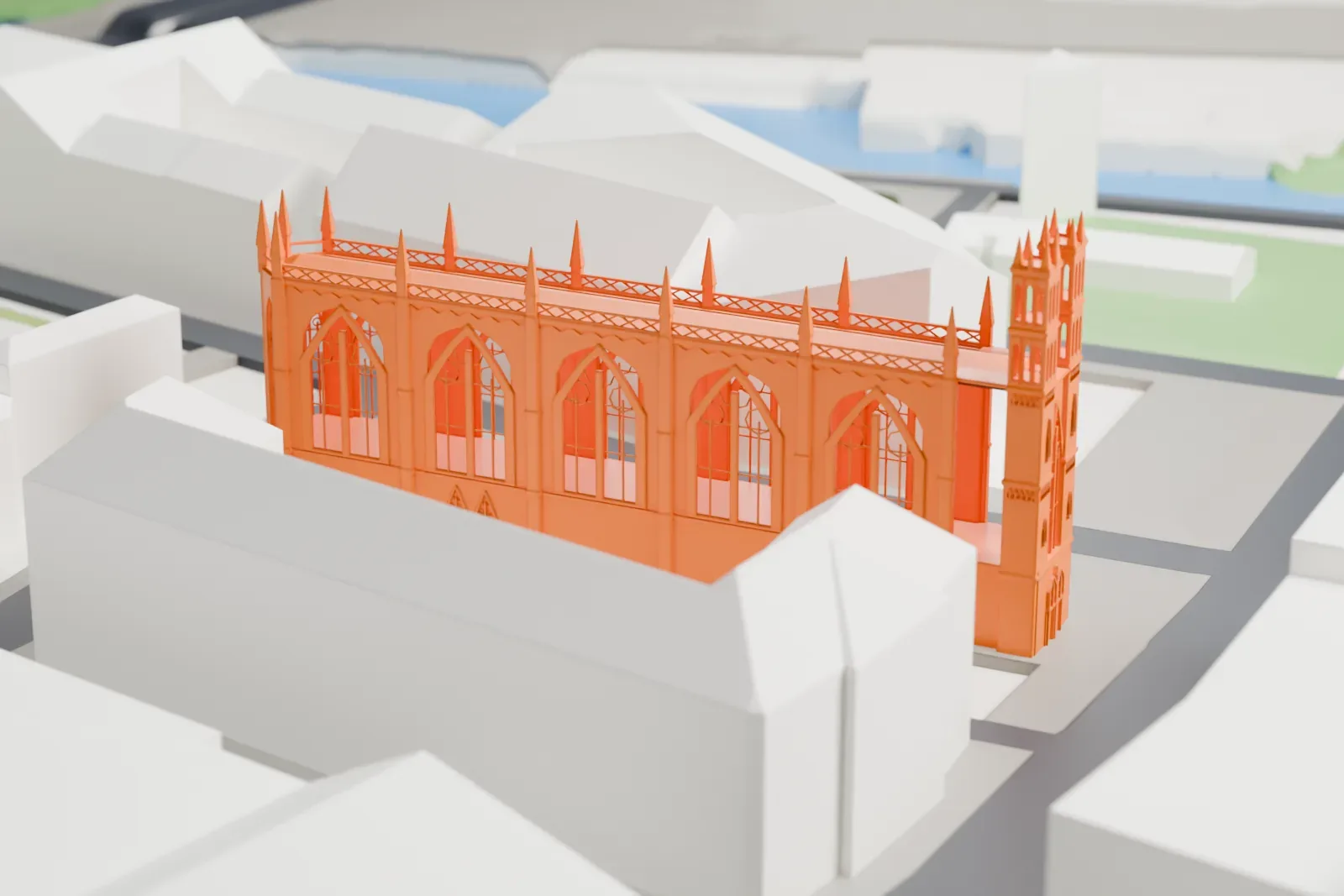 A white 3D print of the Friedrichswerder Church in Berlin, standing among the surrounding streets and buildings.
