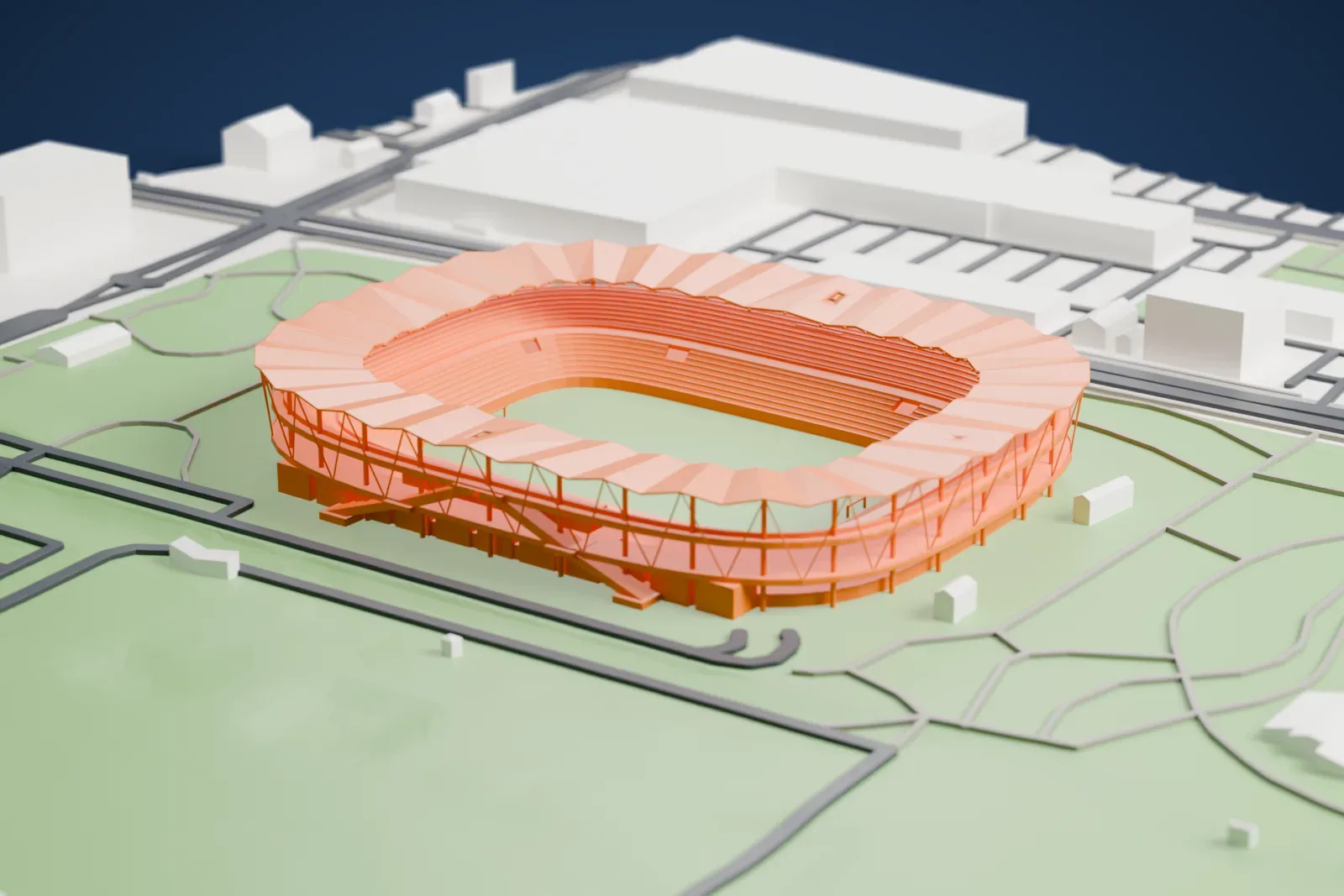 A white 3D print of Fukuda Denshi Arena in Chiba, with surrounding streets and buildings.