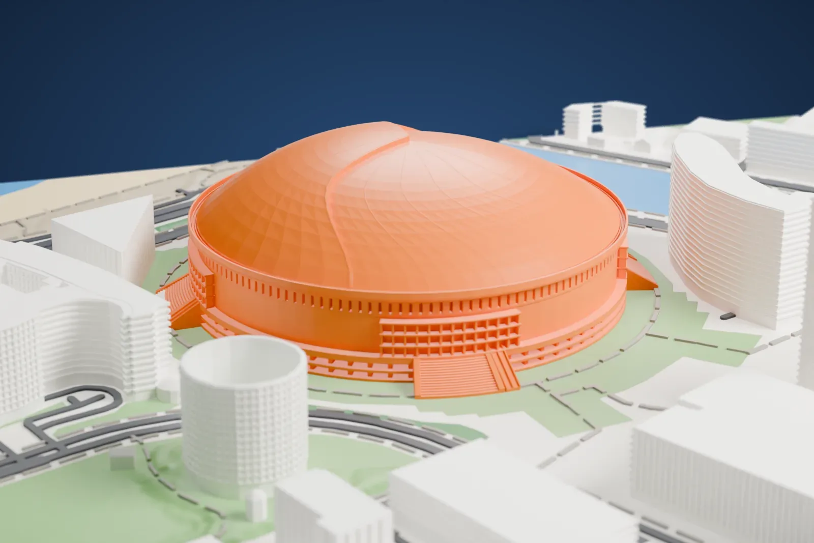 A white 3D print of Fukuoka Dome, a broad domed stadium with a curved seam across its roof, beside a stretch of water with towers and low buildings around it.