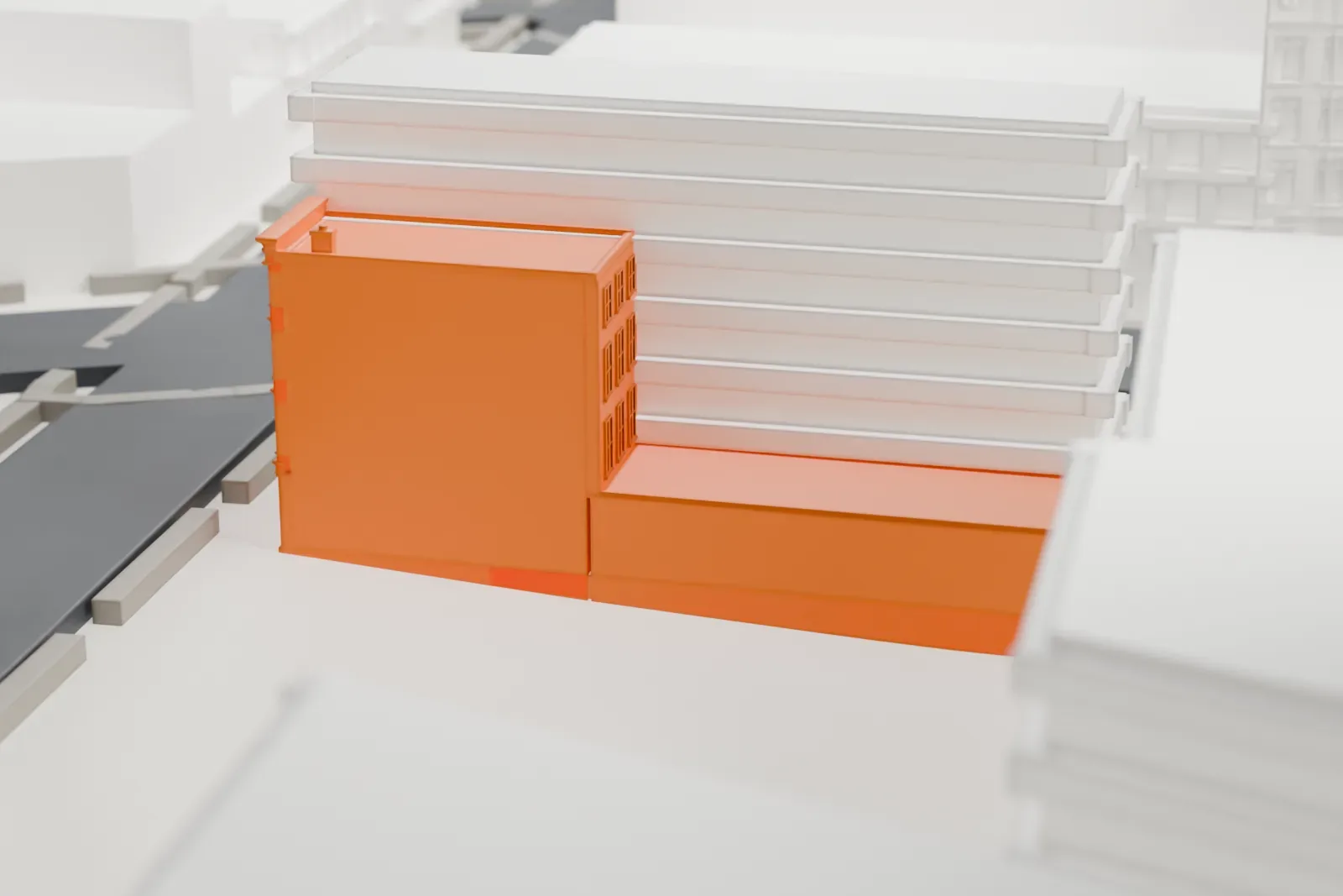 A white 3D print of Gage and Tollner, a narrow building front with a decorative cornice and tall windows, standing between much taller buildings.