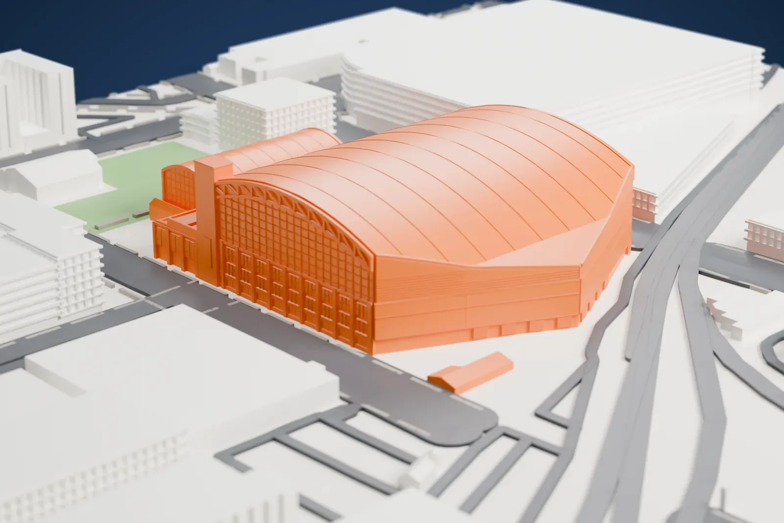 A white 3D print of Gainbridge Fieldhouse, a broad arena with a ribbed arched roof and rows of tall window bays, with a smaller vaulted wing beside it, among downtown streets and buildings.