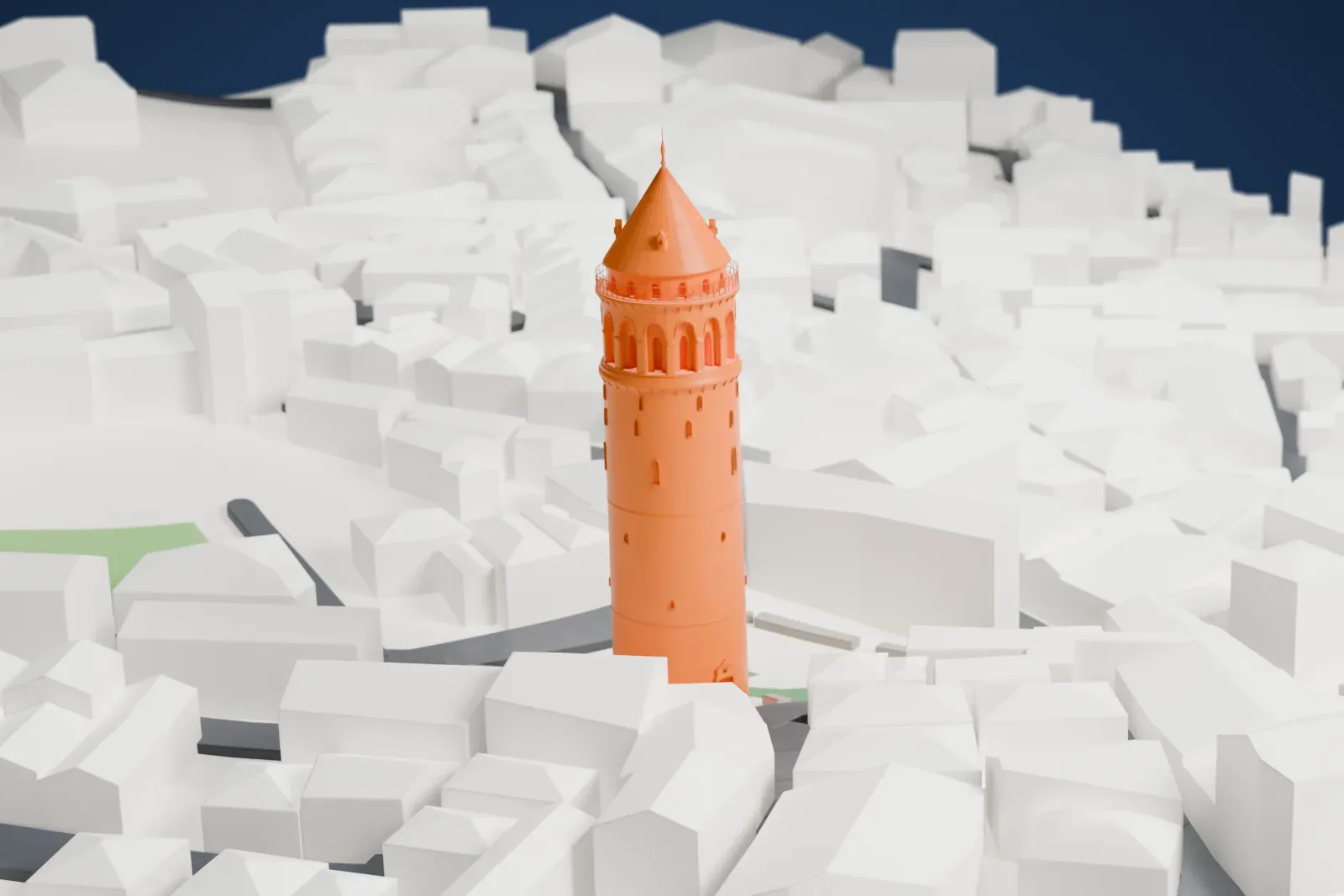 A white 3D print of the Galata Tower, a tall round tower with a conical roof and a ring of arched windows, rising from a small open square among densely packed low buildings.