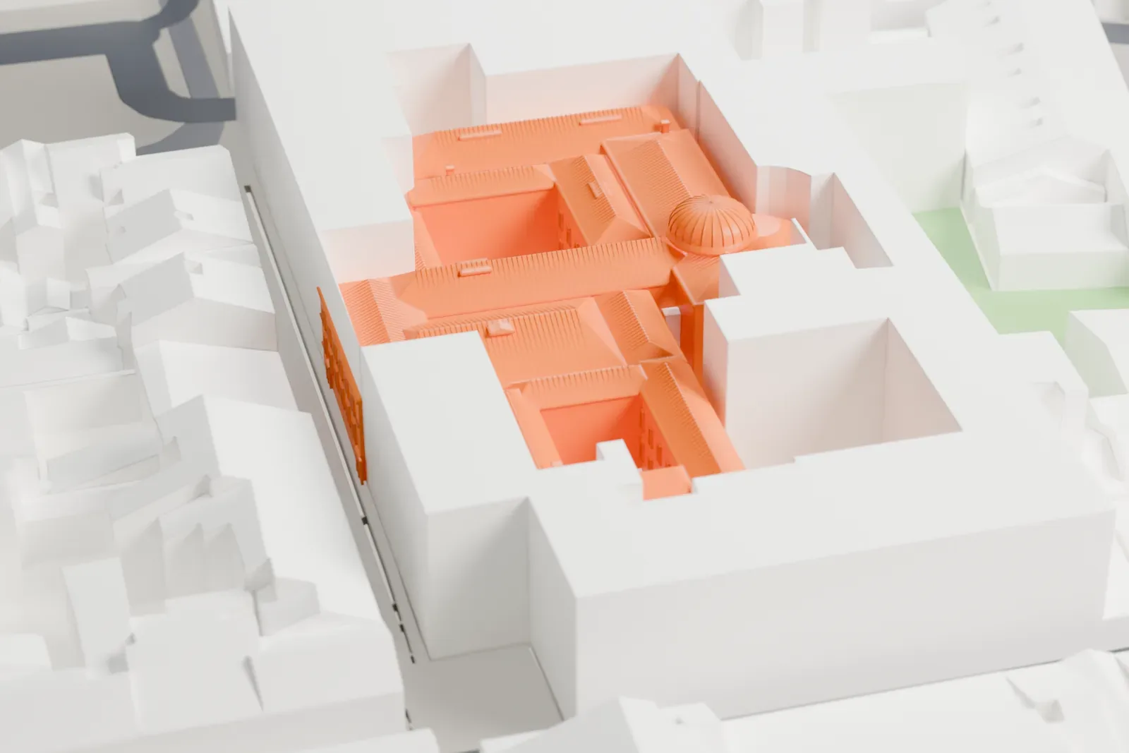 A white 3D print of the Galleria dell'Accademia, a low museum building with courtyards and a small ribbed dome, surrounded by closely packed city blocks.