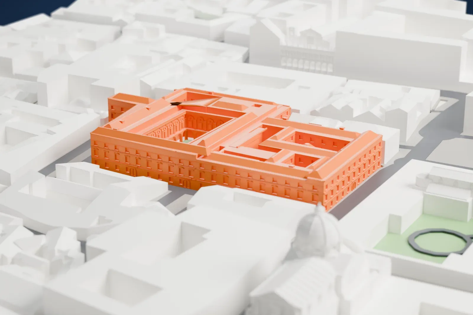 A white 3D print of the Galleria Doria Pamphilj, a palace on Via del Corso, among the surrounding streets and buildings of Rome.