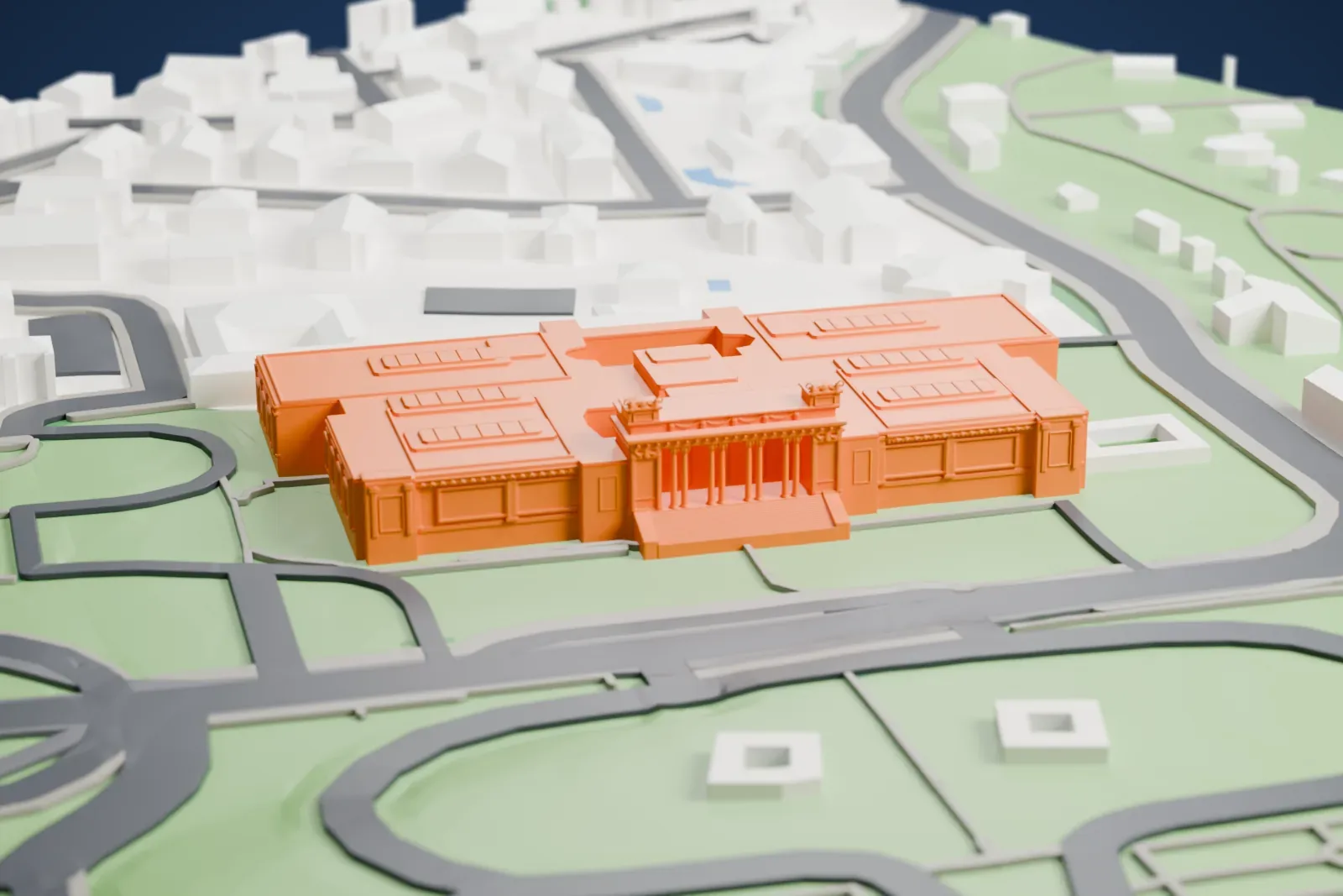 A white 3D print of the Galleria Nazionale d'Arte Moderna, an art museum, surrounded by streets and buildings.