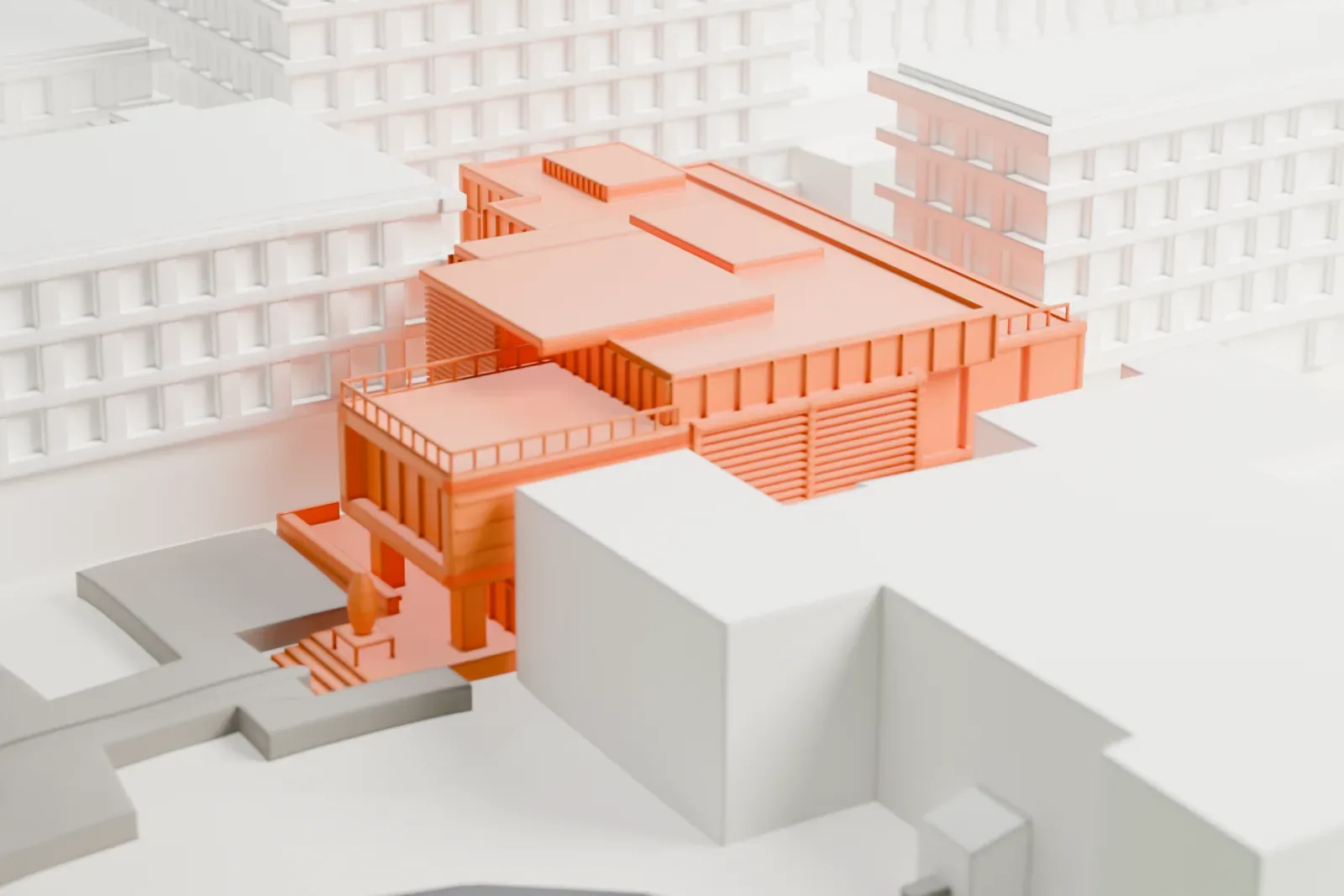 A white 3D print of the Gardiner Museum with the surrounding streets and buildings of Toronto.
