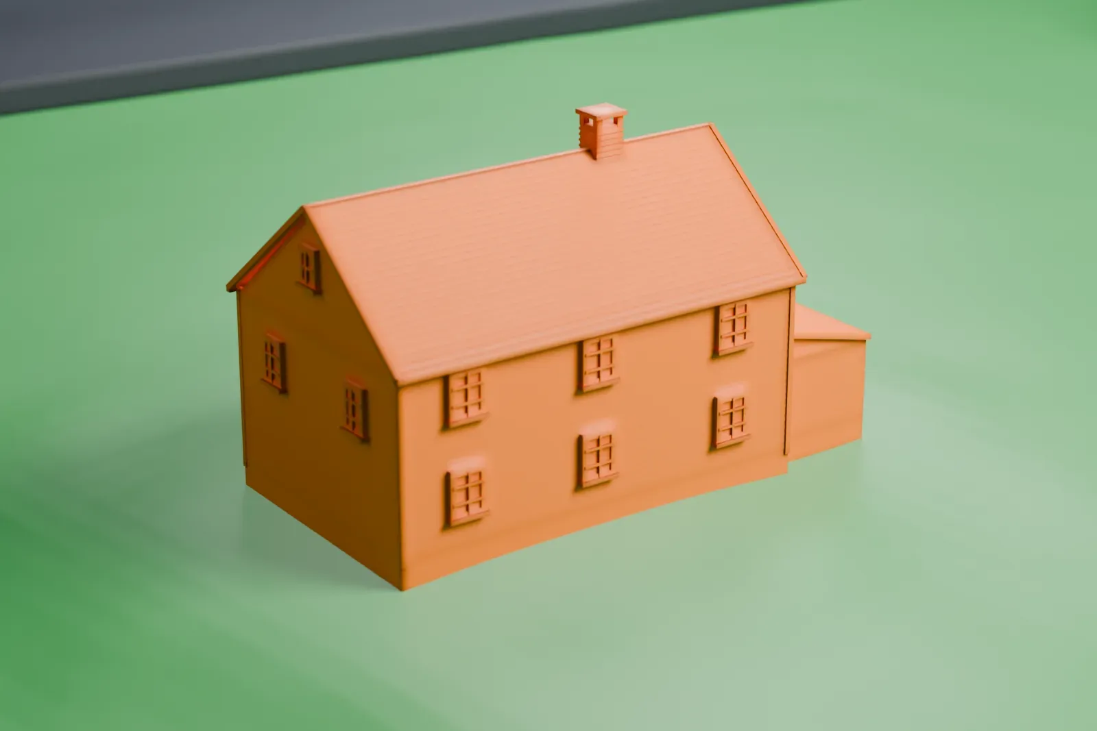 A white 3D print of the Garret K. Osborn House, a two-story wood-sided house with a front porch and a chimney, standing on open ground.