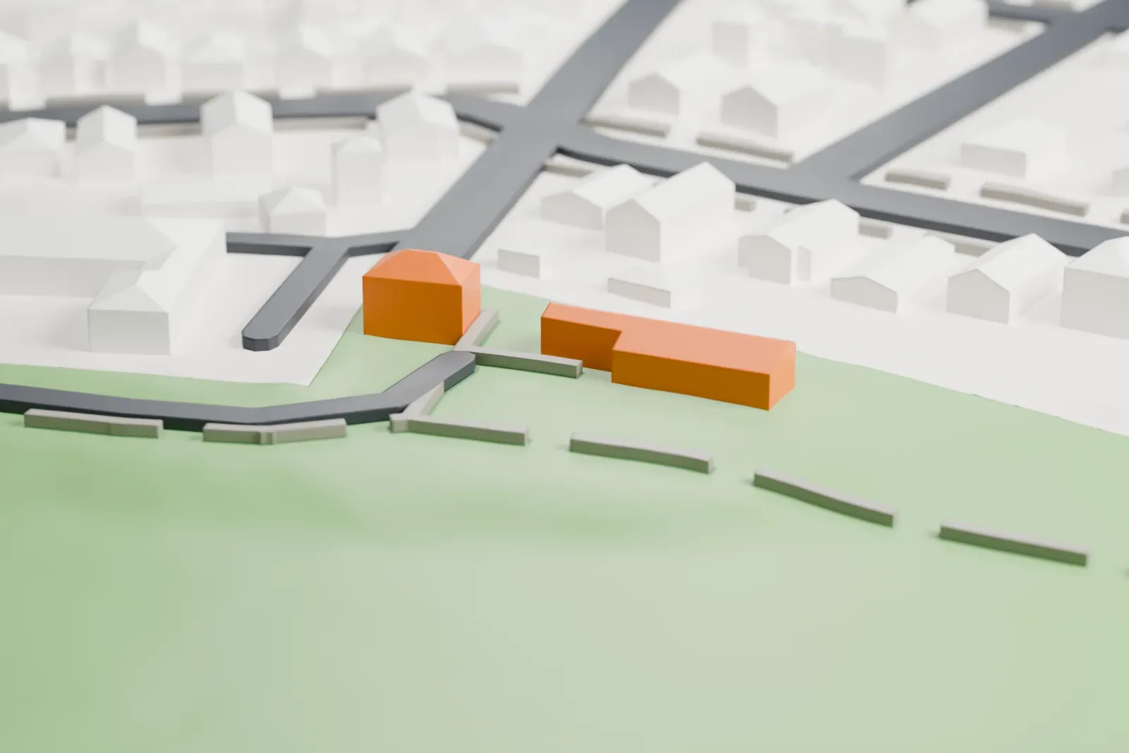 A white 3D print of a long stone farmhouse with a row of dormers and two chimneys, standing on a lawn in a park with a path and a few houses nearby.