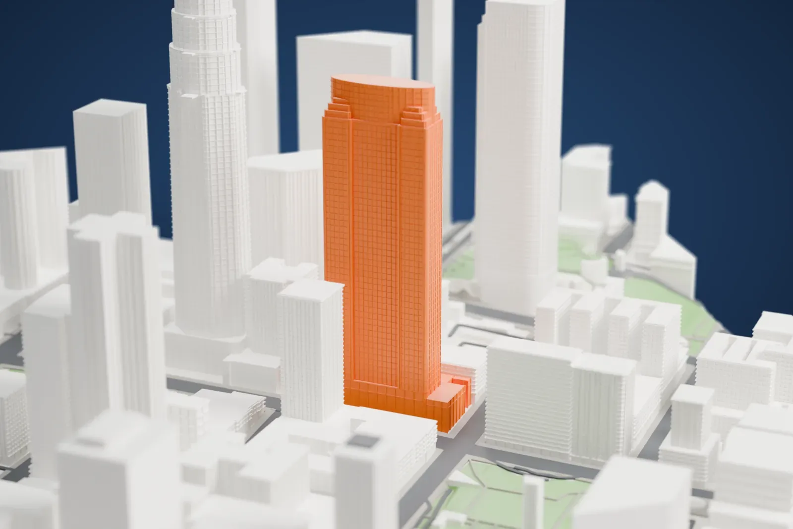 A white 3D print of the Gas Company Tower among the surrounding streets and buildings.