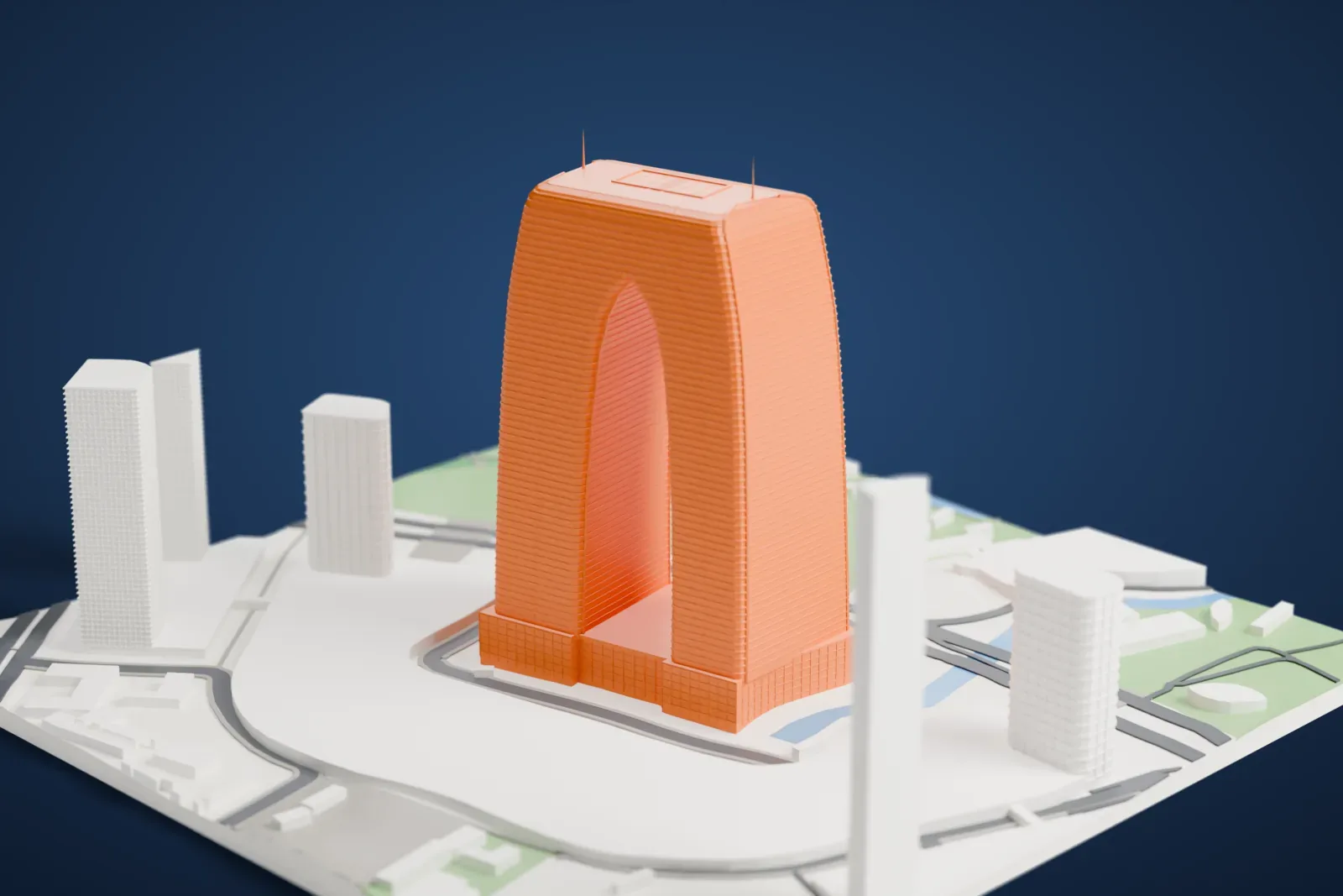 A white 3D print of the Gate to the East, its two curved legs joined at the top above an open gateway, among surrounding city buildings.