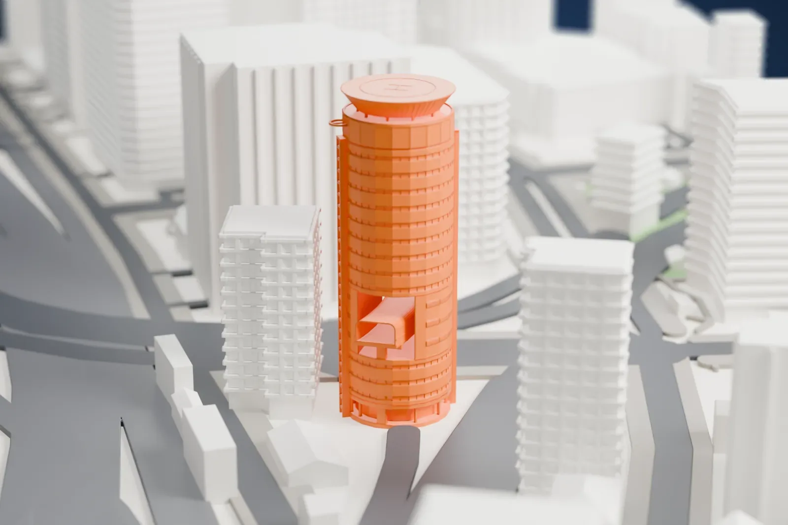 A white 3D print of the Gate Tower Building, a round office tower with a highway deck passing through its middle floors and a helipad on the roof, among surrounding city buildings.