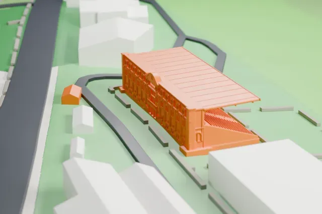 A white 3D print of the Hipódromo da Gávea Western Grandstand model in Rio de Janeiro, with the streets around it.