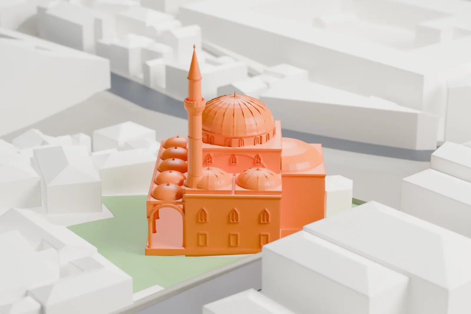 A white 3D print of the Gazi Atik Ali Pasha Mosque among the surrounding streets and buildings of Istanbul's Fatih district.