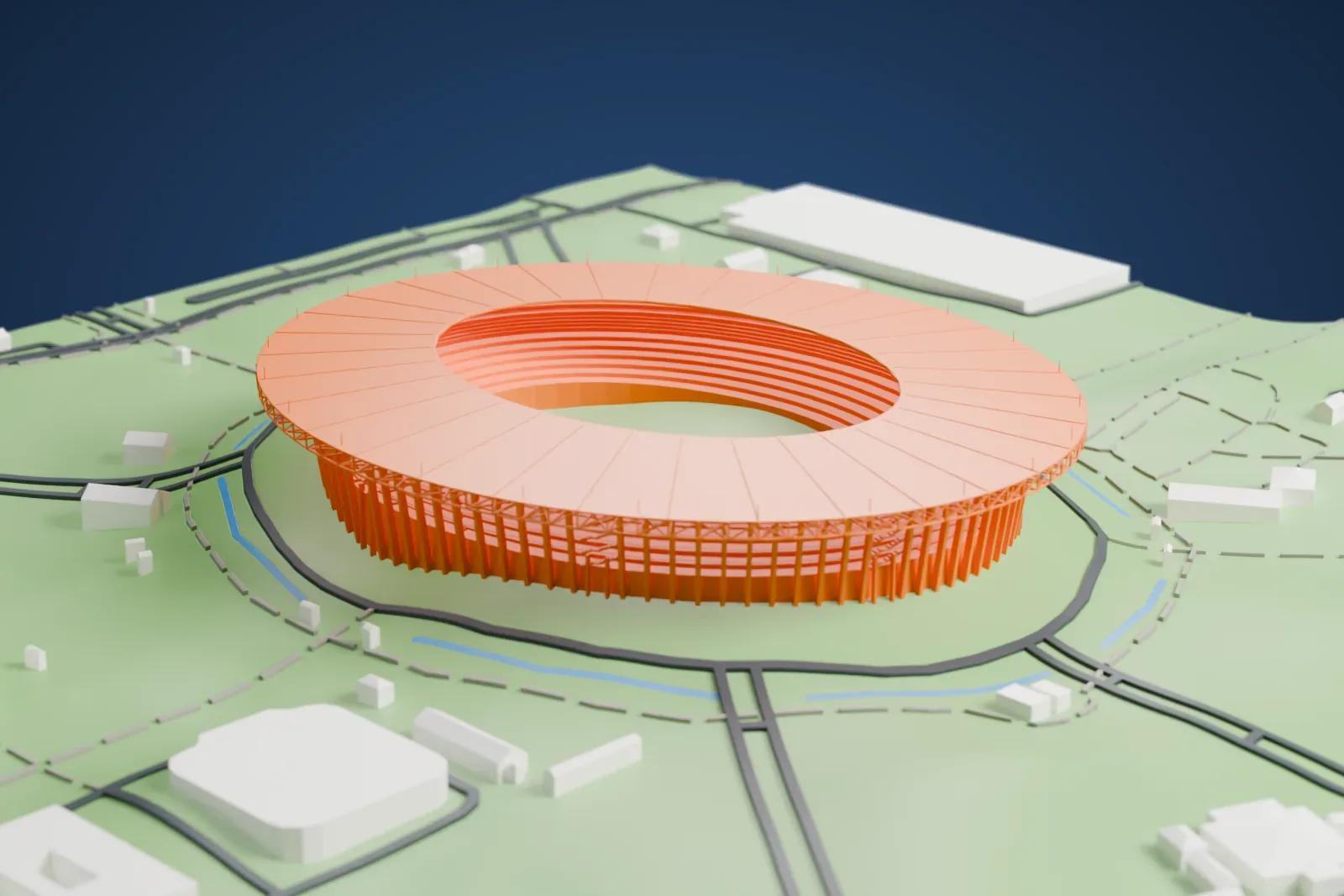A white 3D print of Gelora Bung Karno Stadium, an oval stadium under a wide ring-shaped roof, set in green parkland with roads looping around it.