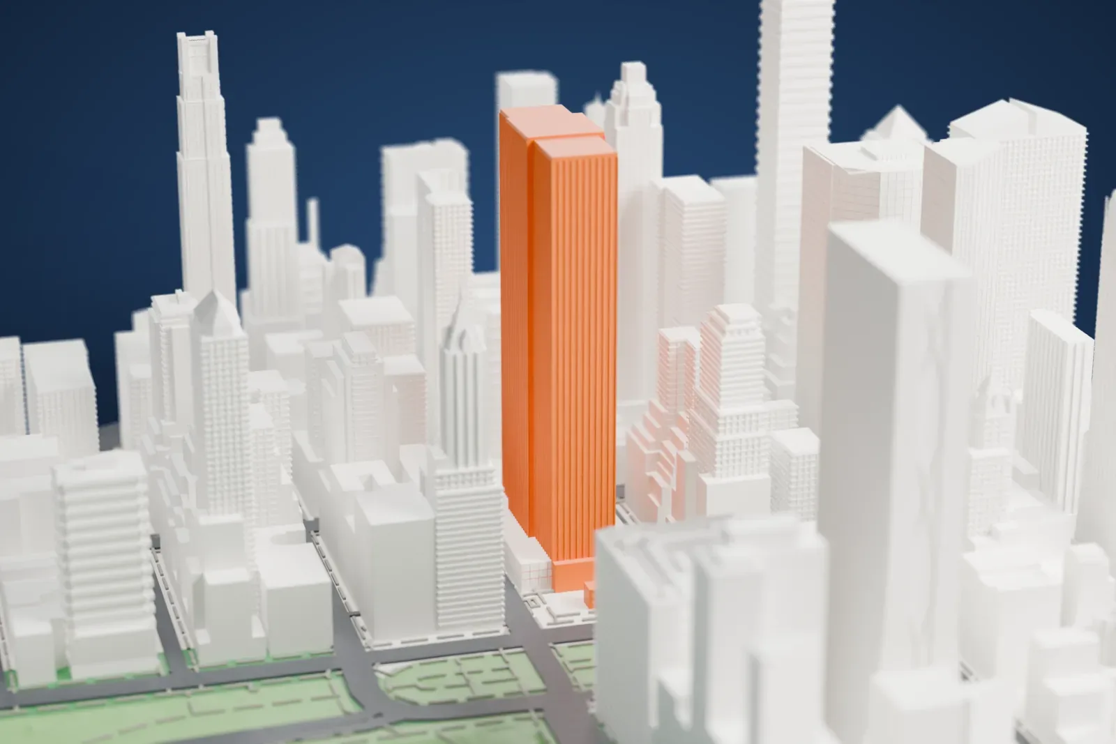 A white 3D print of the General Motors Building, a tall tower with fine vertical stripes and a flat stepped roof, surrounded by dense skyscrapers.