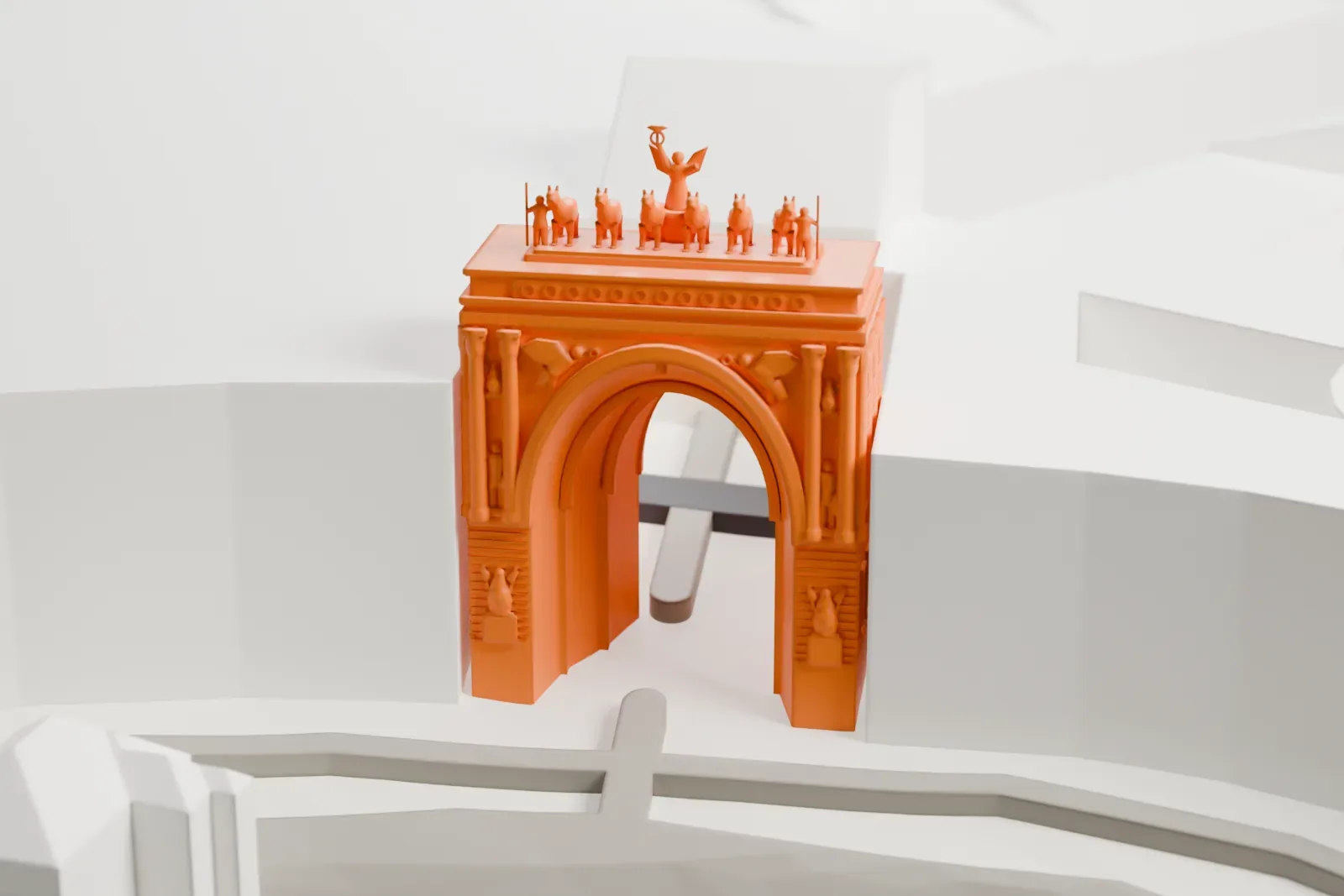 A white 3D print of the General Staff Building, a long bow-shaped building, among the surrounding streets and buildings of Saint Petersburg.