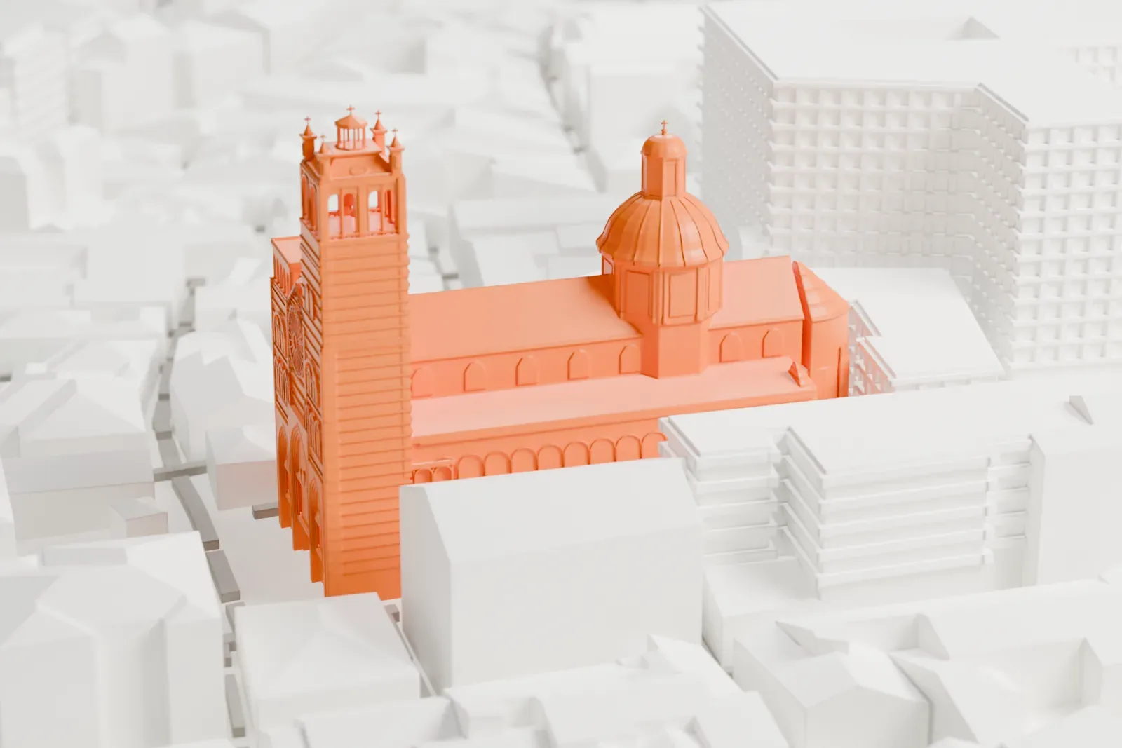 A white 3D print of Genoa Cathedral, a long church with a tall bell tower and a dome, hemmed in by tightly packed buildings.
