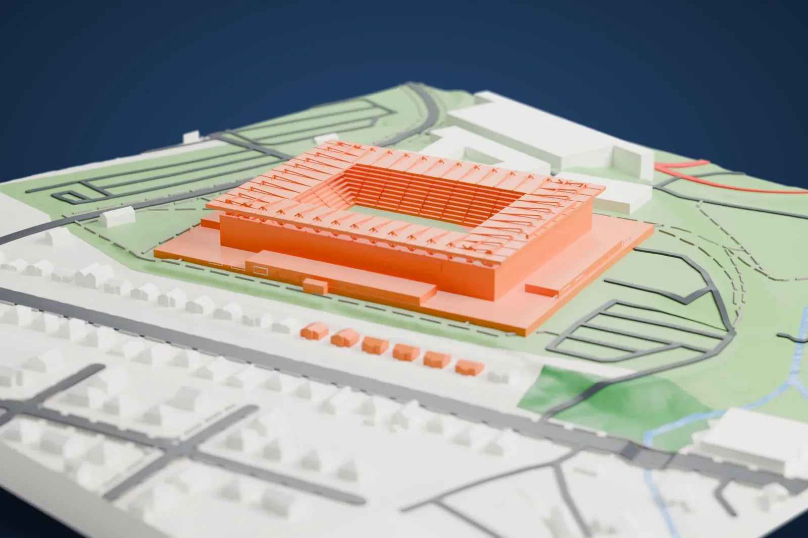 A white 3D print of Geodis Park, a boxy soccer stadium with thin roof ribs reaching over the seats, standing on green grounds beside roads and houses.