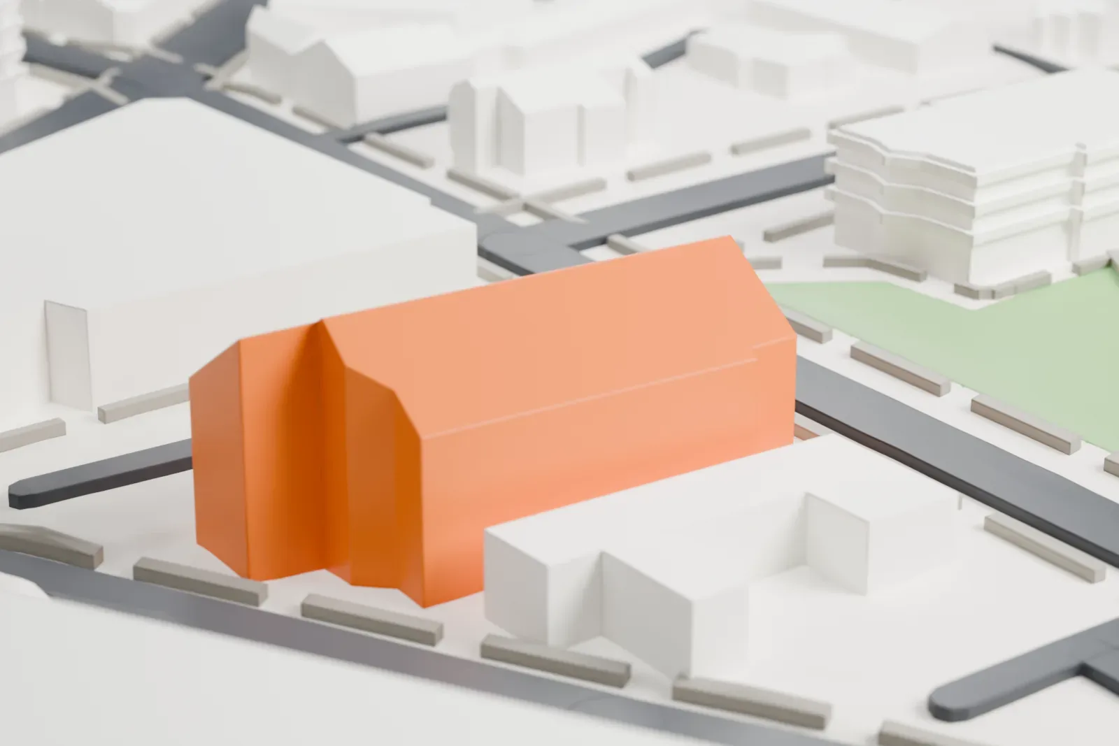 A white 3D print of Geology Hall, a multi-story hall with arched windows, a steep roof, dormers and chimneys, set among campus lawns and paths with larger buildings beside it.