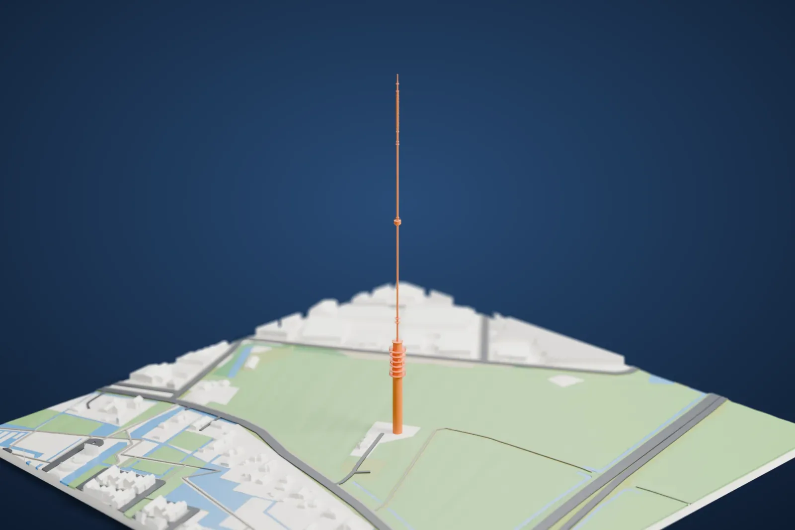 A white 3D print of the Gerbrandy Tower, a thick concrete shaft topped by a very thin mast, standing on flat fields with canals and small buildings nearby.