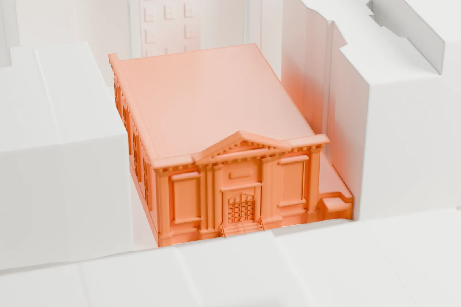 A white 3D print of the German Evangelical Lutheran Church of St. Mark, a small church building with a decorated front, set among tall neighboring buildings in a dense city block.