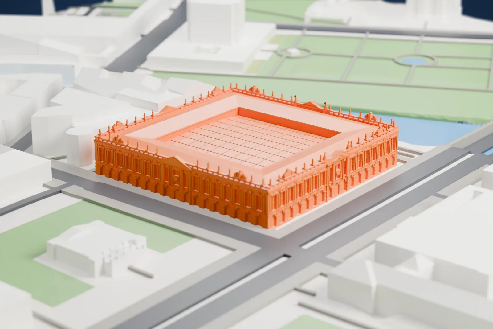 A white 3D print of the German Historical Museum, a broad building with an inner courtyard, among the surrounding streets and buildings of Berlin.