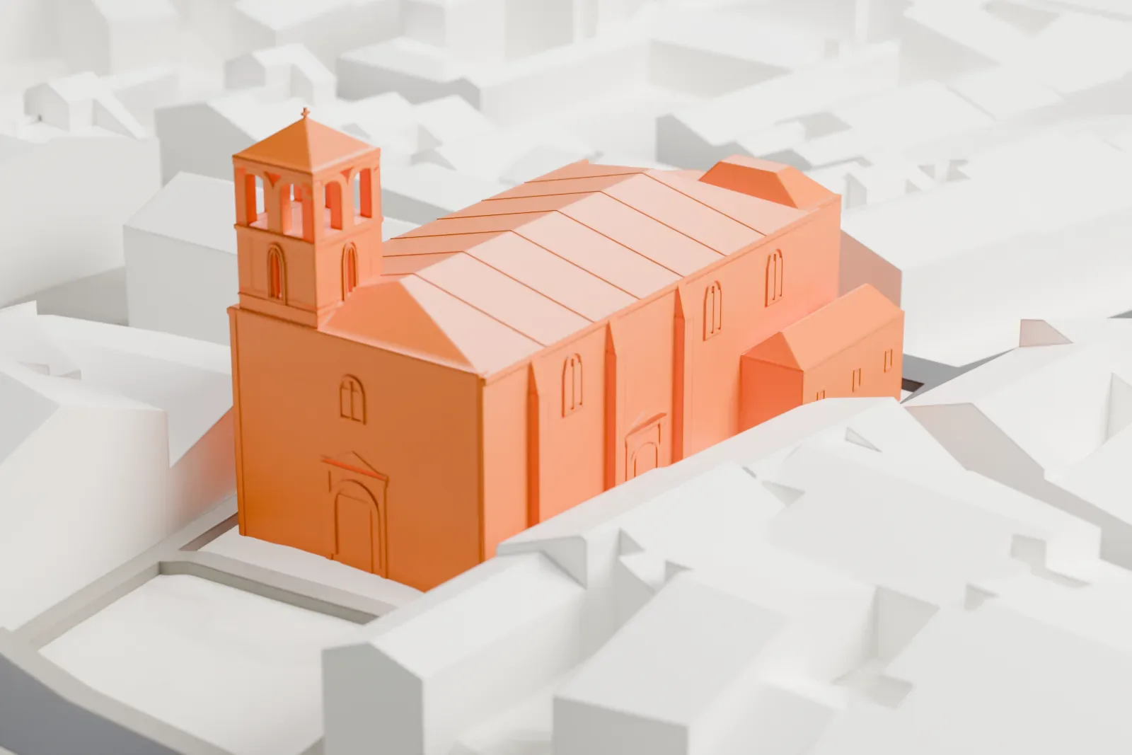 A white 3D print of Getafe Cathedral surrounded by streets and buildings.