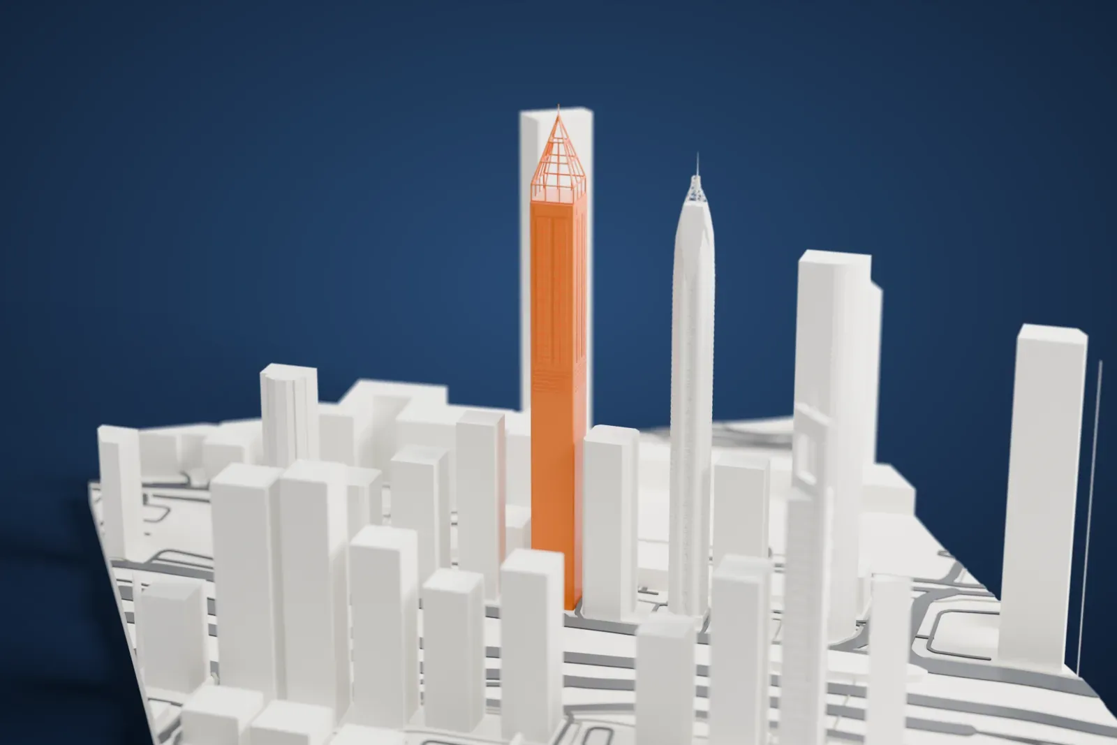 A white 3D print of the Gevora Hotel, a slender tower, among the streets and buildings of Sheikh Zayed Road in Dubai.
