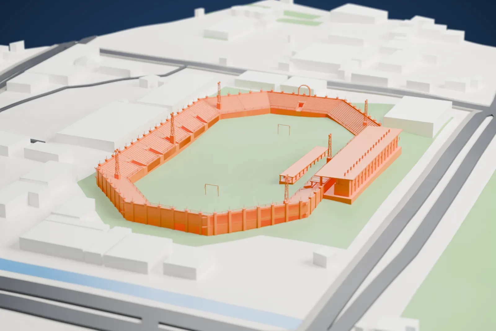 A white 3D print of Ghazi Stadium, an open terraced bowl with a low covered pavilion, a tall entrance arch and floodlight masts, among surrounding streets and buildings.
