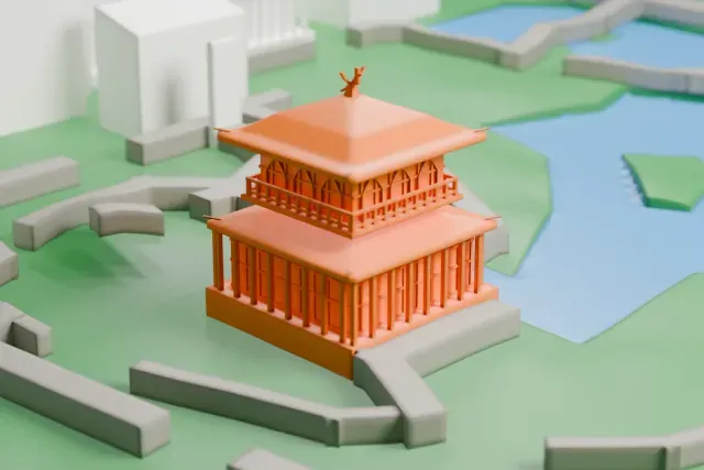 A white 3D print of the Ginkaku-ji temple buildings, small pavilions with layered roofs, among ponds, paths, green ground and neighboring buildings.