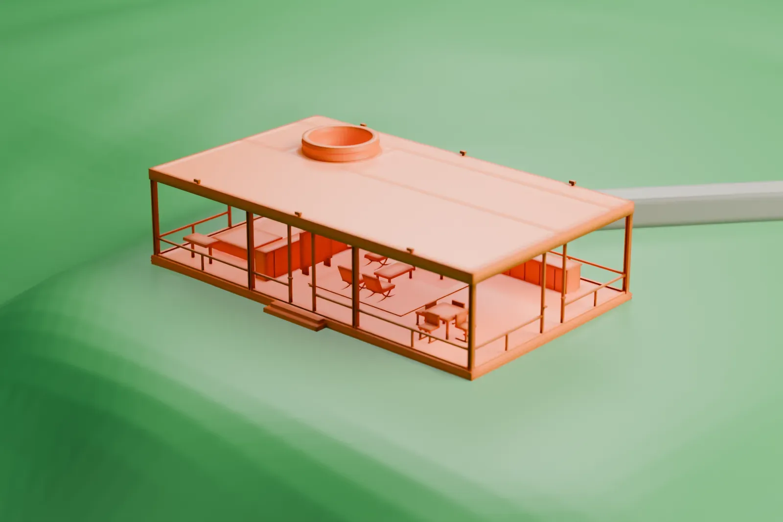 A white 3D print of the Glass House, a low flat-roofed glass box with a brick cylinder through the roof, set on green grounds with water nearby.