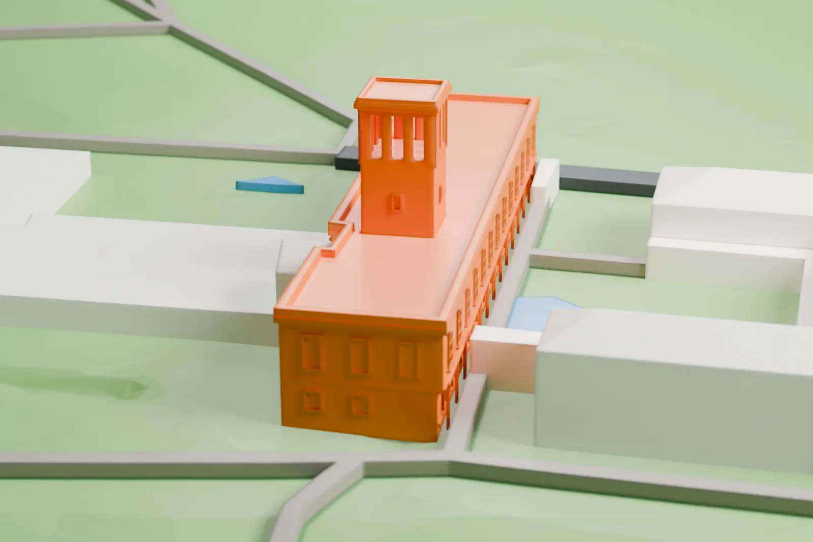 A white 3D print of Glienicke Palace standing in Park Glienicke, with the surrounding city beyond.