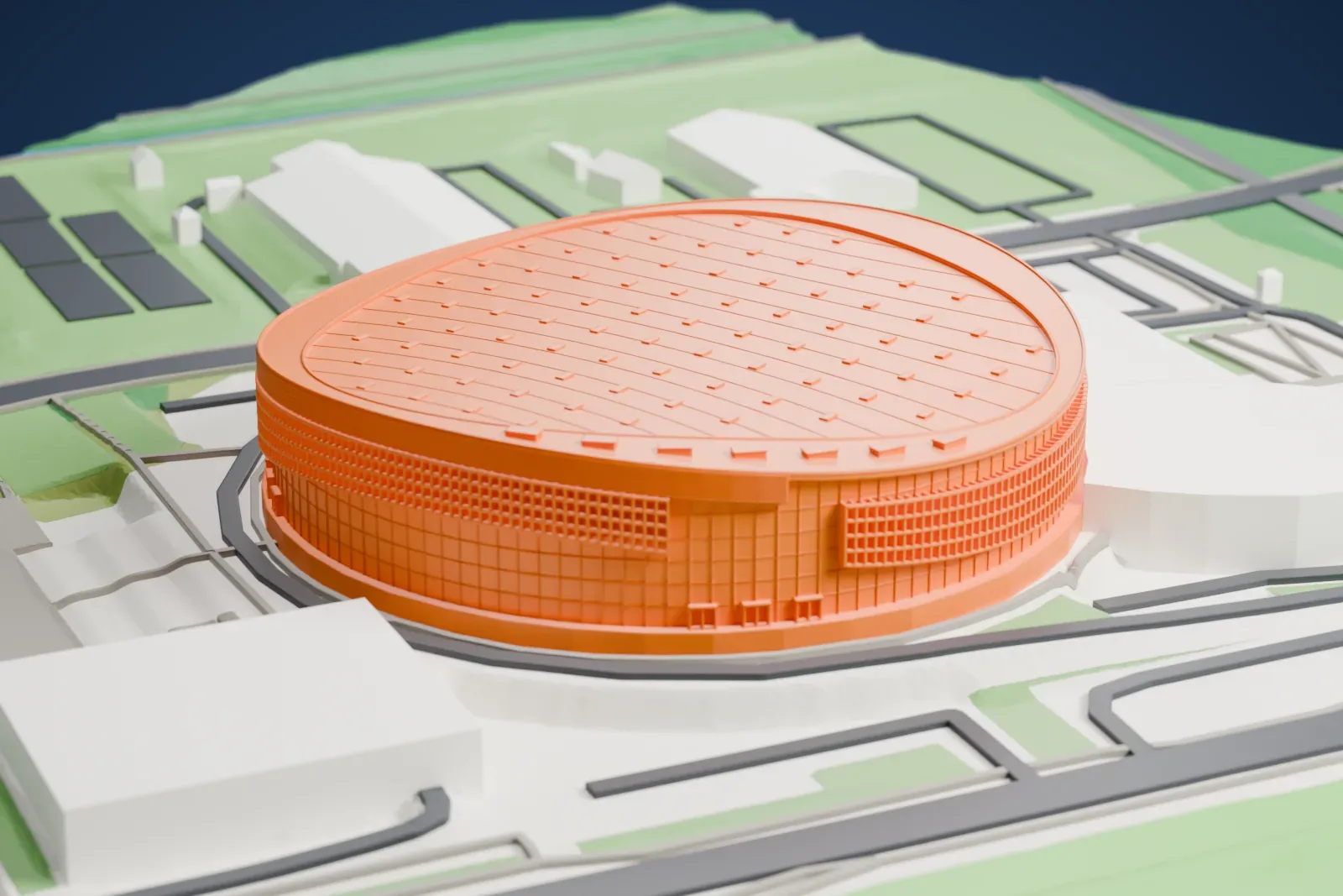A white 3D print of Gliwice Arena, a round-edged oval hall with a ribbed roof and finned walls, surrounded by roads and green slopes.