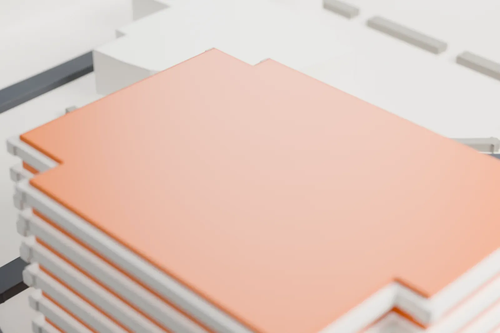 A white 3D print of Global Credit Union Arena, a wide low arena with a flat roof and angled glazing, beside roads, a green field and small buildings.