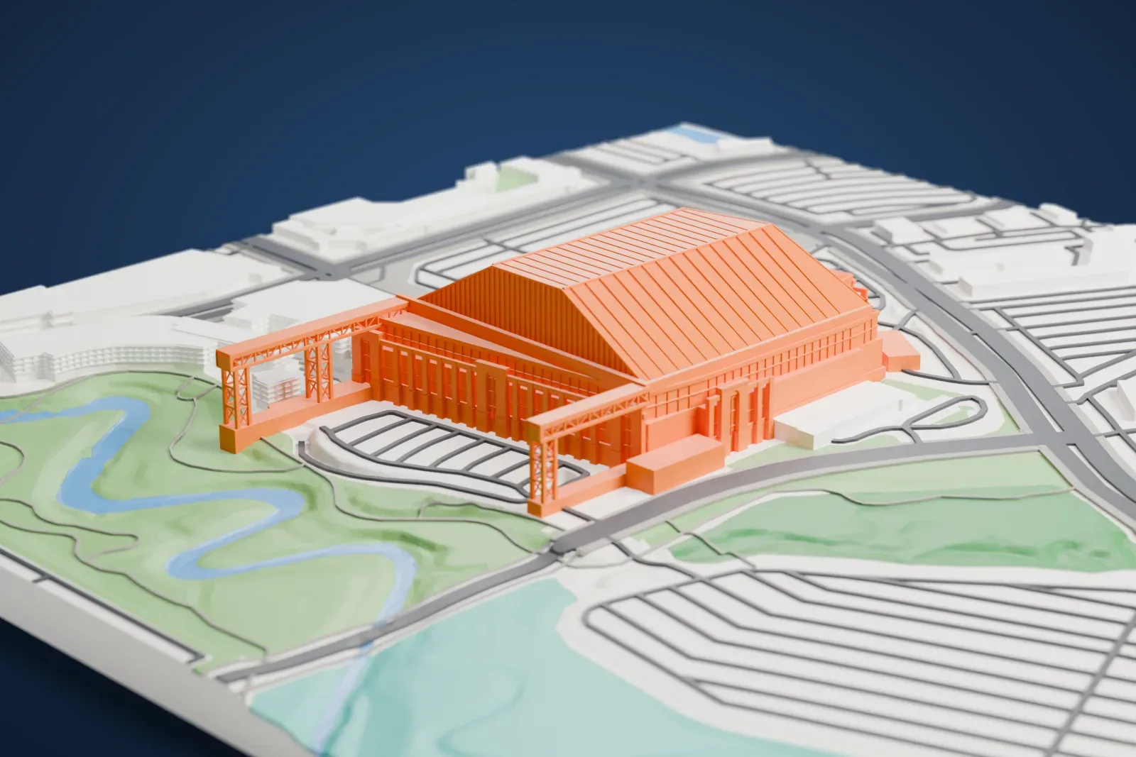 A white 3D print of Globe Life Field, a large ballpark with a roof, among the surrounding streets and buildings.