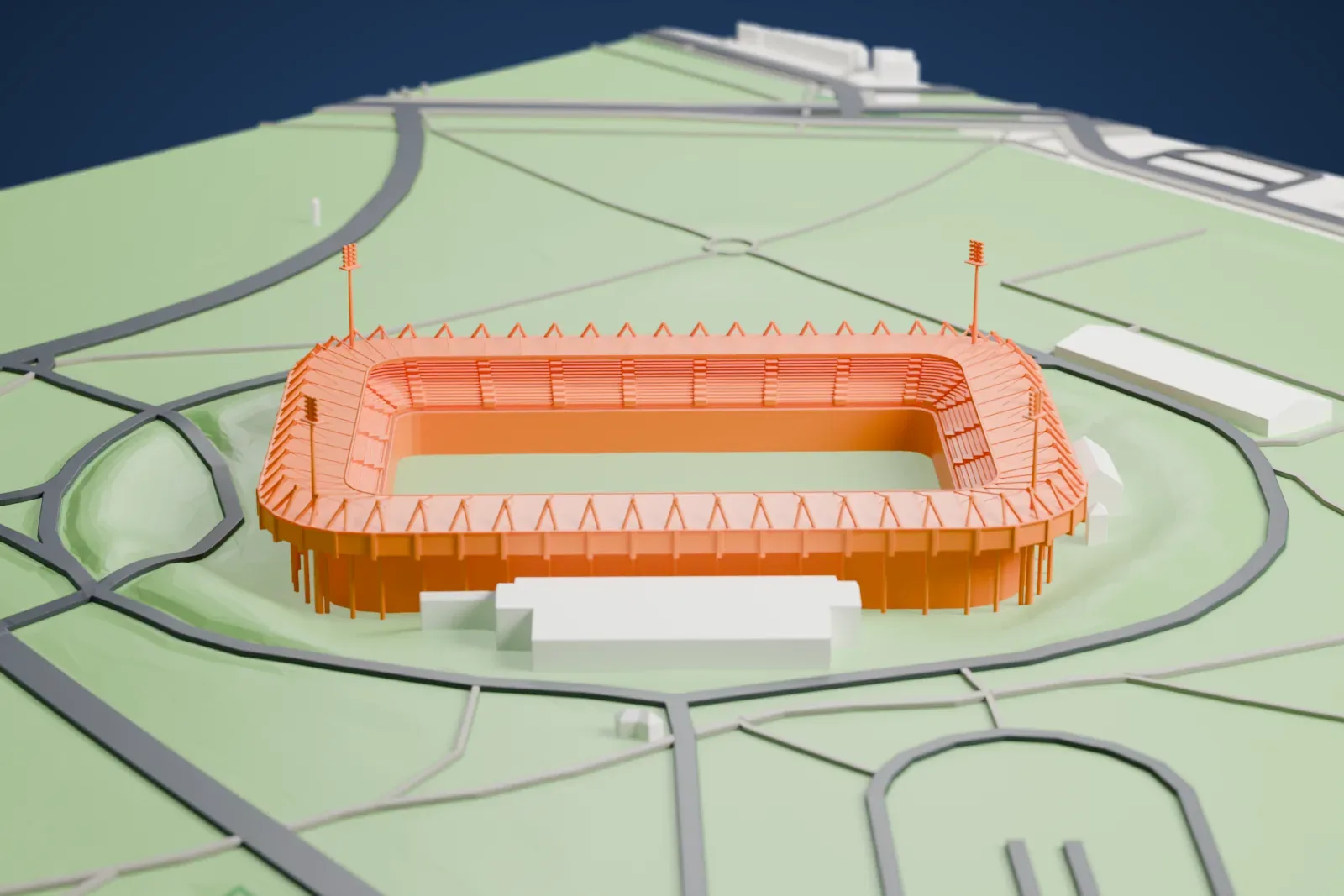 A white 3D print of the Goffertstadion in Nijmegen, with the Goffertpark and surrounding streets and buildings.