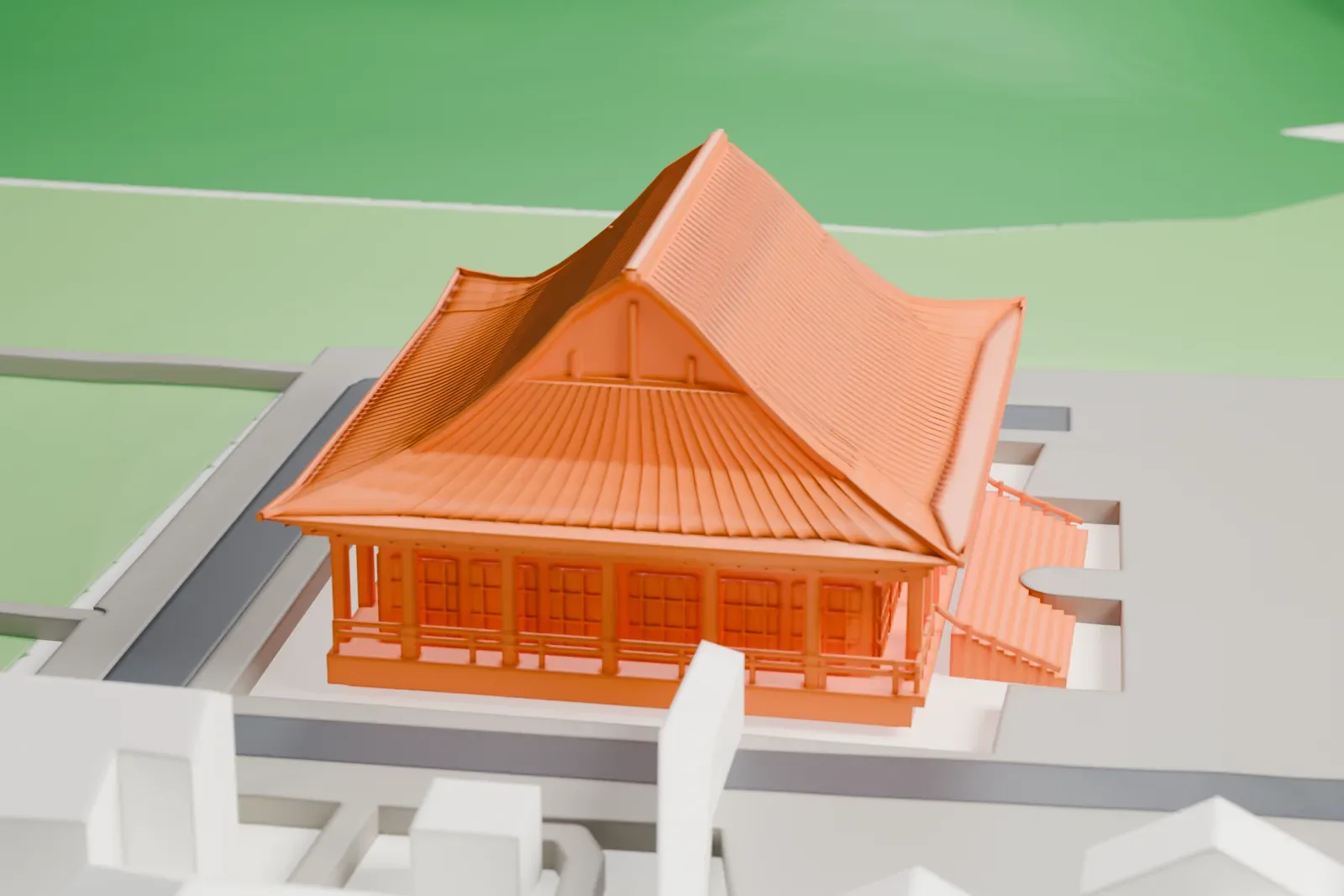 A white 3D print of Gokoku-ji, a Buddhist temple, among the surrounding streets and buildings.