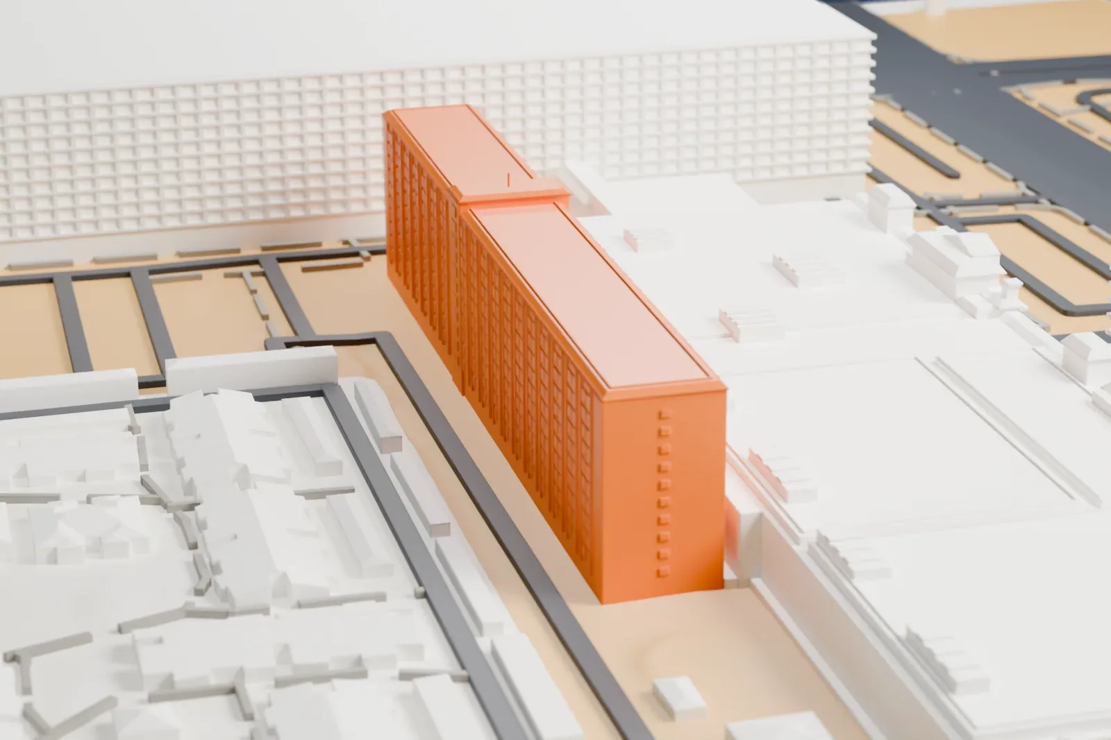 A white 3D print of the Gold Coast Hotel and Casino, a wide, low complex with a taller wing, surrounded by roads, parking lots and neighboring blocks.