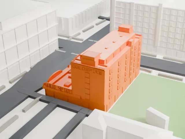 Gold Spike model, East view