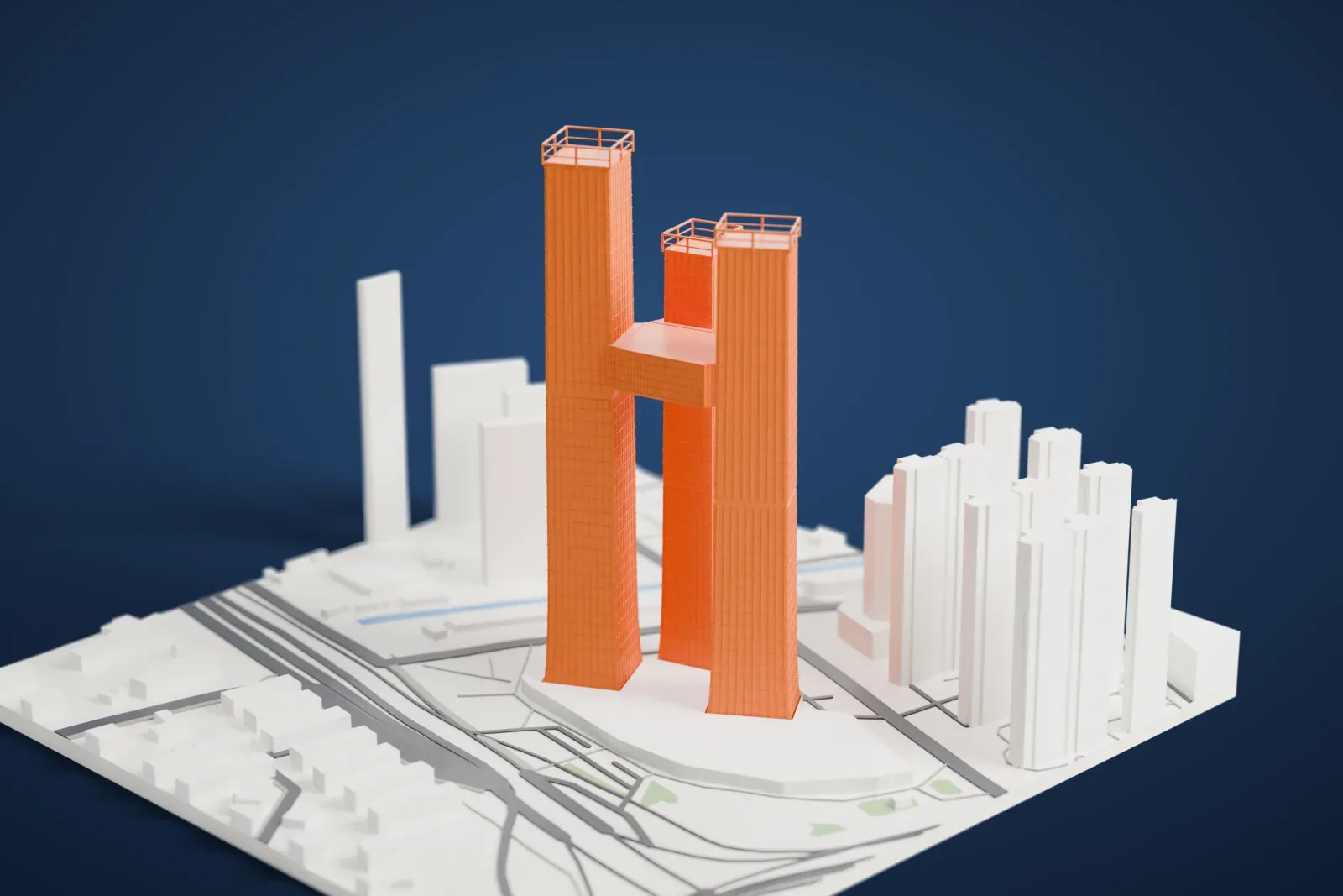 A white 3D print of Golden Eagle Tiandi Tower A, a tall skyscraper standing above surrounding city buildings.
