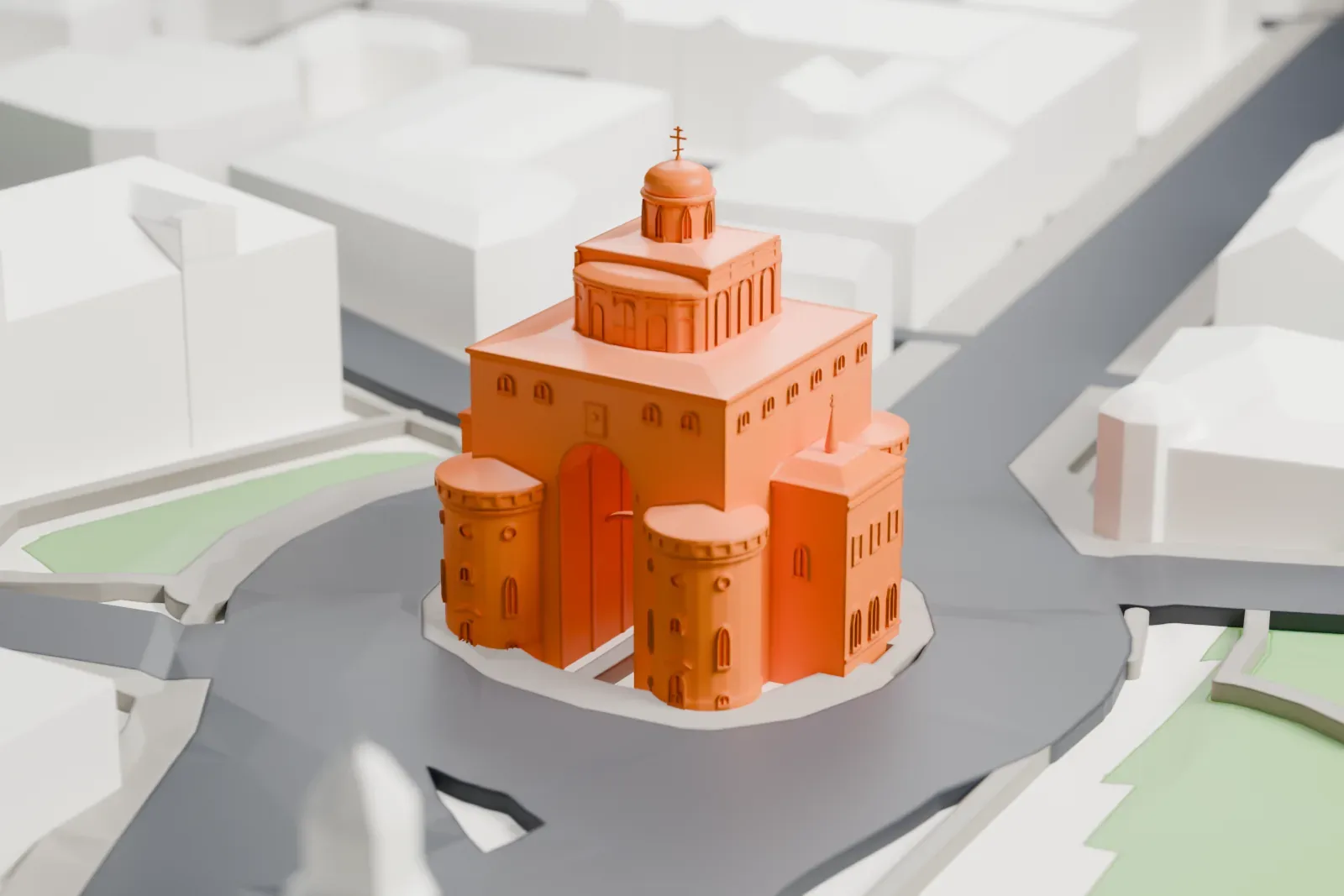 A white 3D print of the Golden Gate of Vladimir, a gate with round corner towers and a small dome with a cross on top, beside roads and open ground.