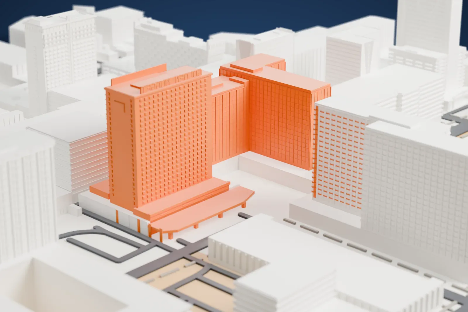 A white 3D print of the Golden Nugget Las Vegas, a cluster of tall hotel towers standing among surrounding buildings, streets and a small green space.
