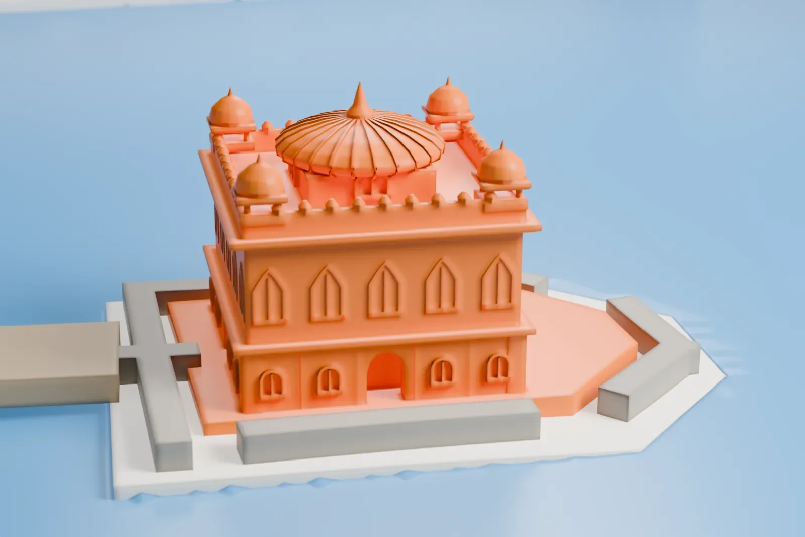 A white 3D print of the Golden Temple, a square building with a ribbed central dome and four small corner domes, standing in the middle of a pool with a walkway leading to it.