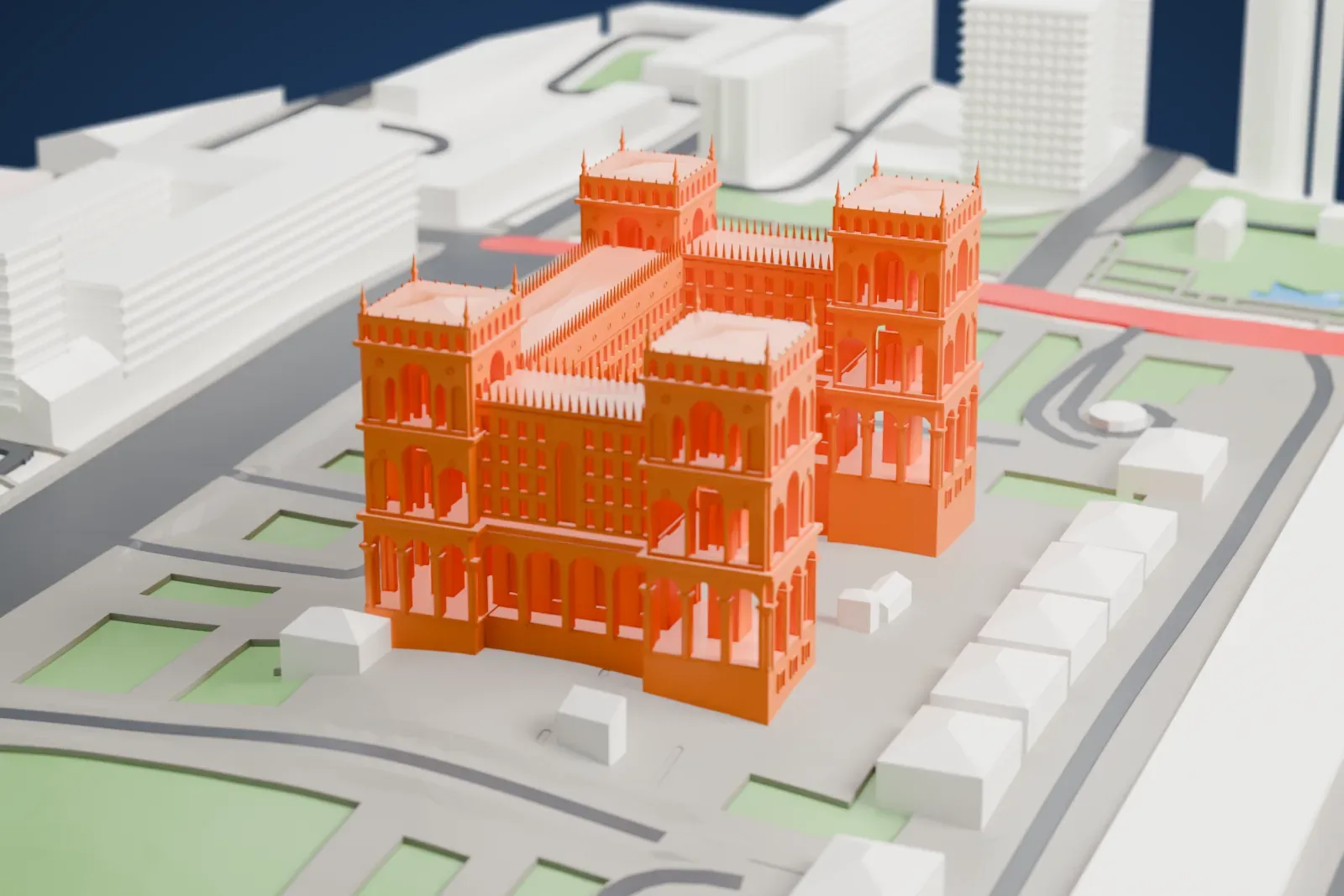 A white 3D print of Government House in Baku, a symmetrical building with tall corner towers, pinnacles and arcaded lower floors, among lawns, streets and other buildings.
