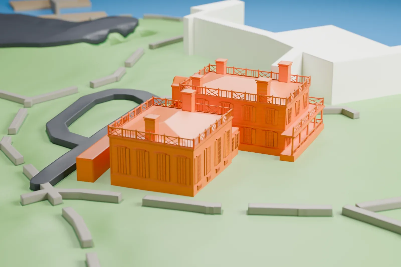A white 3D print of Gracie Mansion, two linked houses with porches, railings and chimneys, set in green parkland with winding paths and larger buildings nearby.