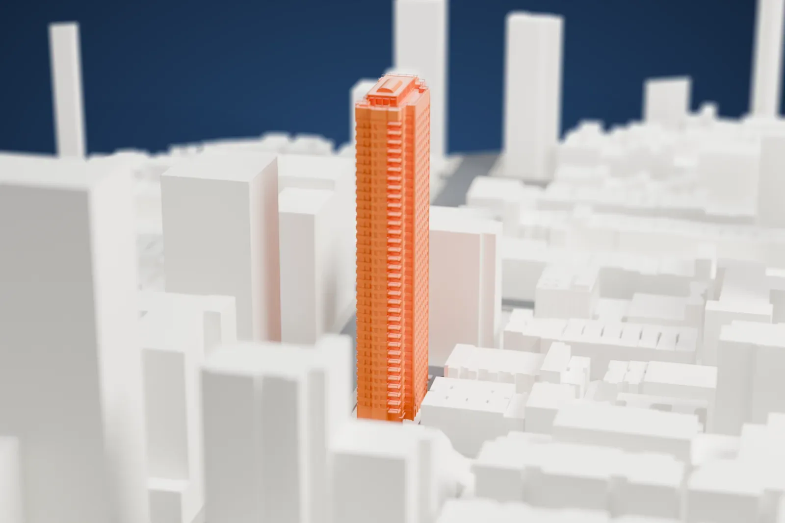 A white 3D print of Gracie Mews, a tall apartment tower with stacked balconies and a stepped roofline, among surrounding New York streets and buildings.