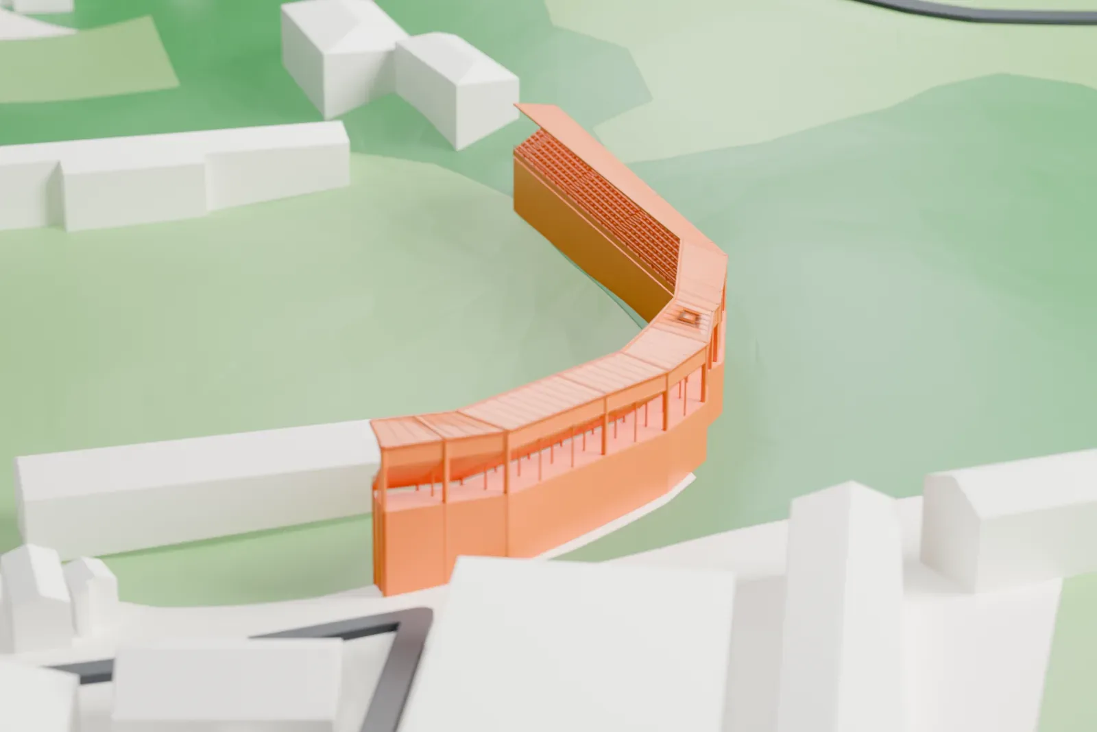 A white 3D print of Gradski stadion in Lovech, a long curved grandstand with a roof on slim posts, set on grassy ground beside long low buildings.